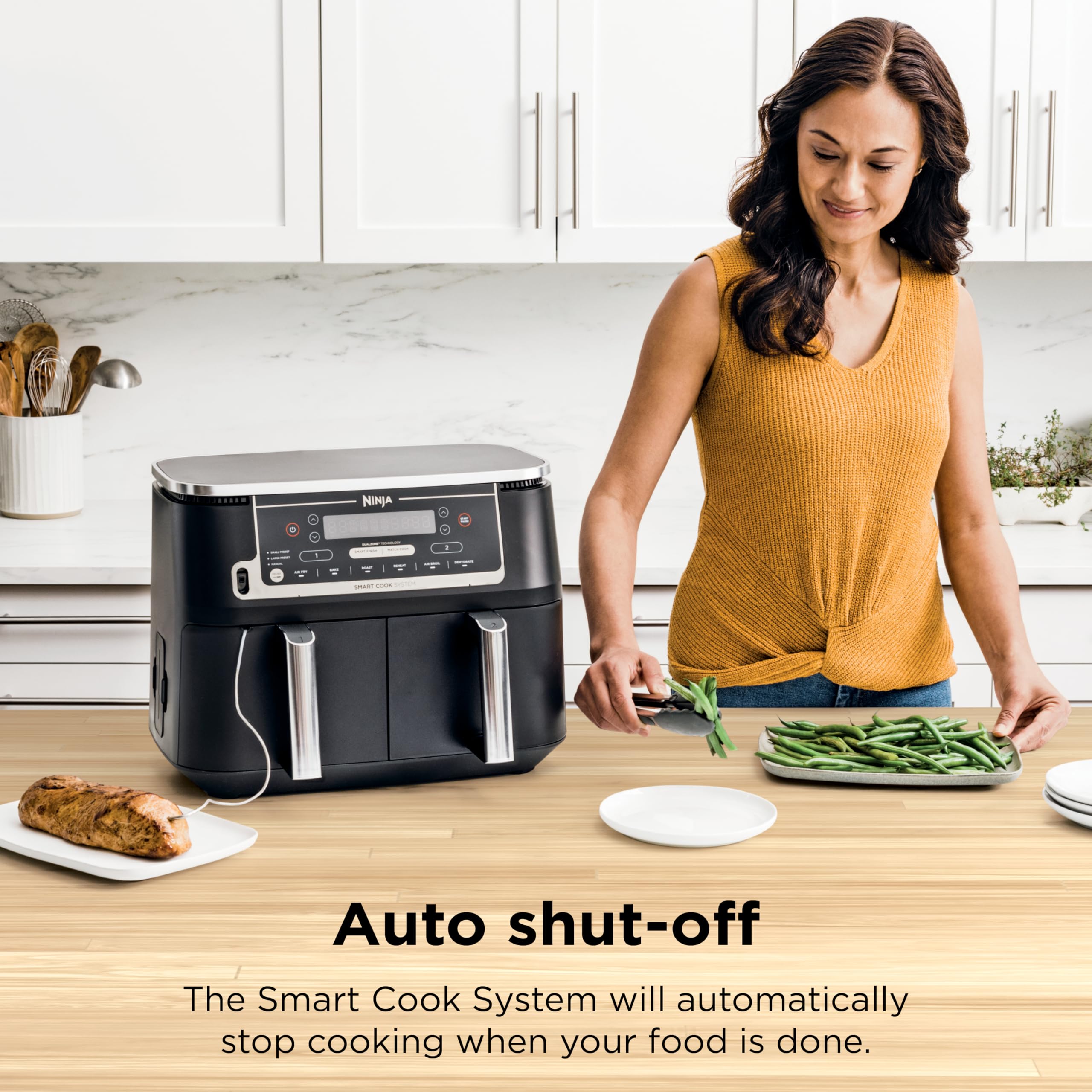 Ninja DZ550 Foodi 10 Quart 6-in-1 DualZone Smart XL Air Fryer with 2 Independent Baskets, Cook Thermometer for Perfect Doneness, Match and Finish to Roast, Dehydrate and More, Black