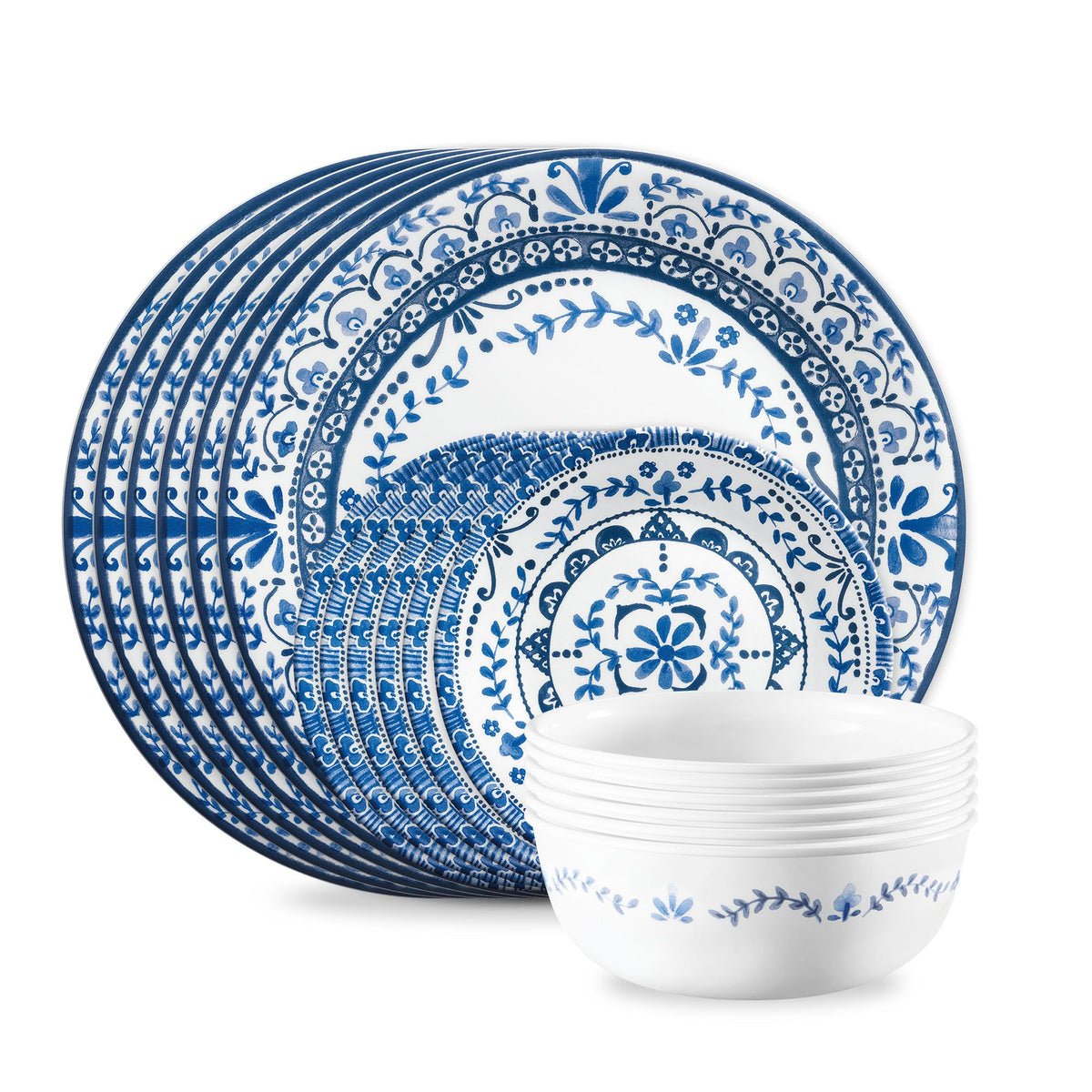 Corelle Vitrelle 18-Piece Service for 6 Dinnerware Set, Triple Layer Glass and Chip Resistant, Lightweight Round Plates and Bowls Set, Portofino