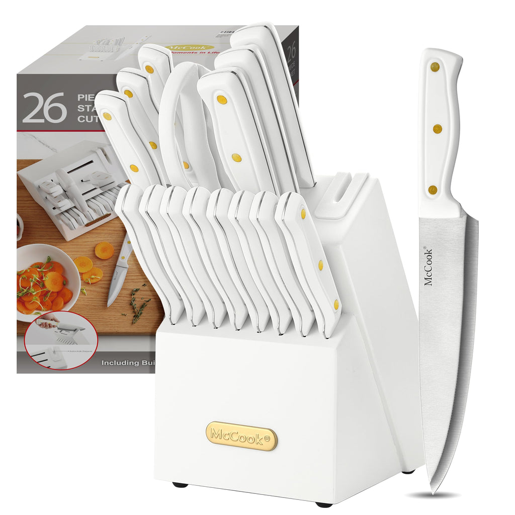 McCook® Kitchen Knife Sets, Golden Titanium Stainless Steel Knives Block Set with Built-in Sharpener, 20 Piece Knives, Restaurant Grade Sharp, Elegant Gold & Stylish Wooden Block for Modern Culinary