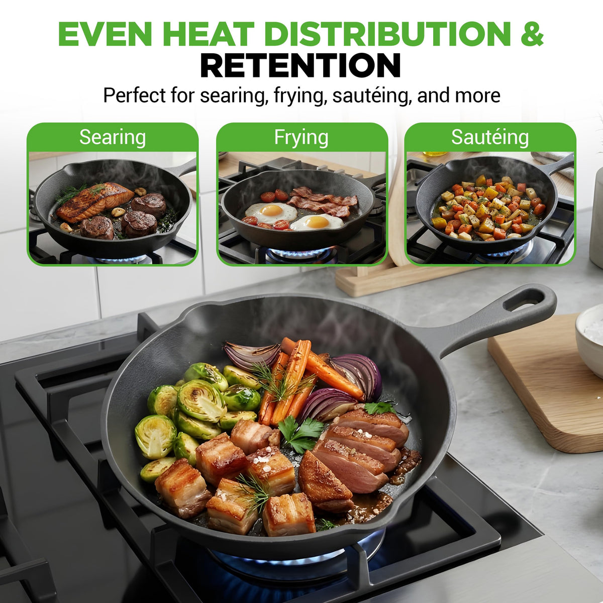 NutriChef 3 Pieces Pre-Seasoned Cast Iron Skillets