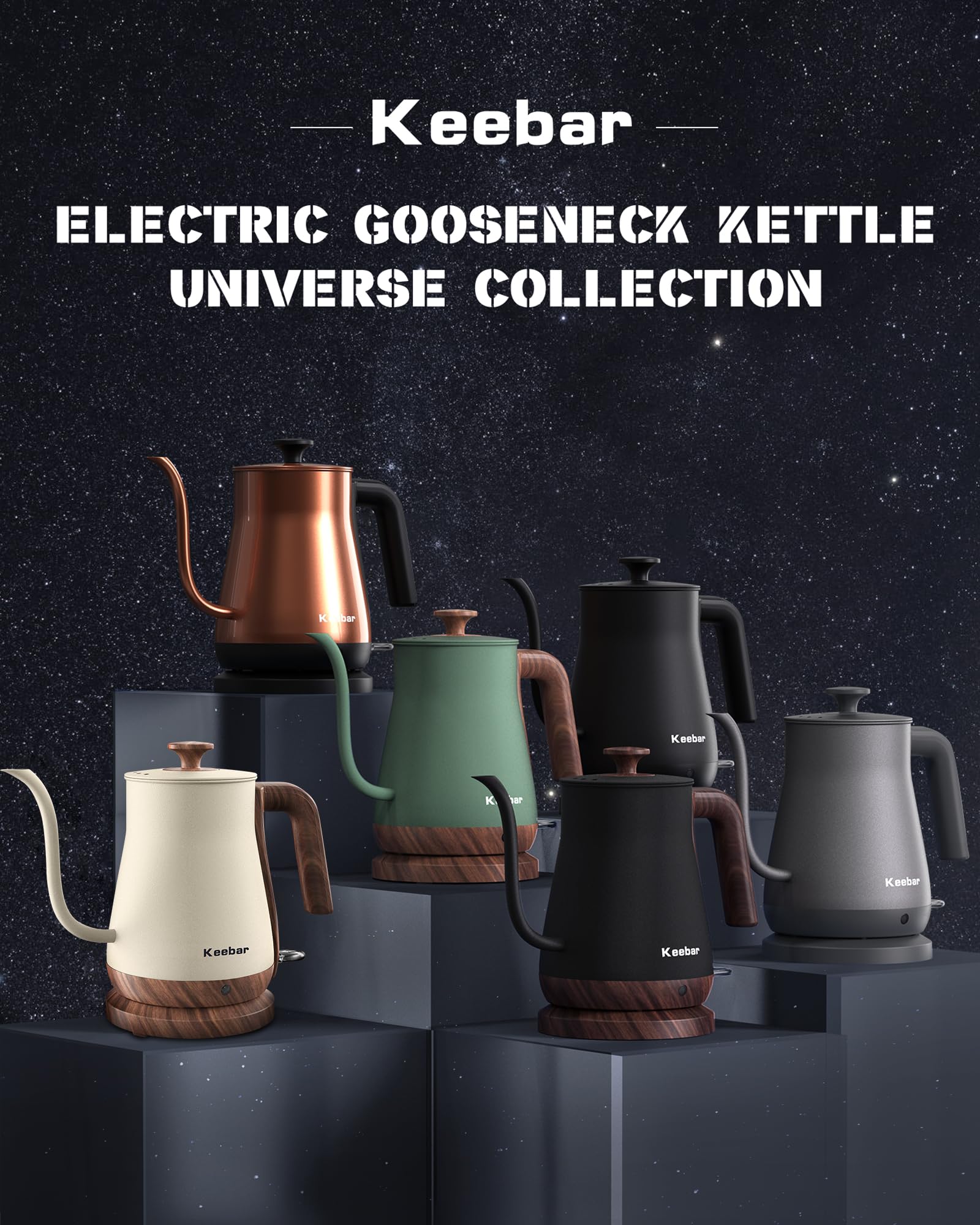 Keebar Gooseneck Electric Kettle - Stainless Steel Pour Over with Auto Shut Off, 0.8L Capacity, 1000W Quick Heating, Design with Elegant Handle, Matte Black with Walnut, Manual, (XH-W081-BW)