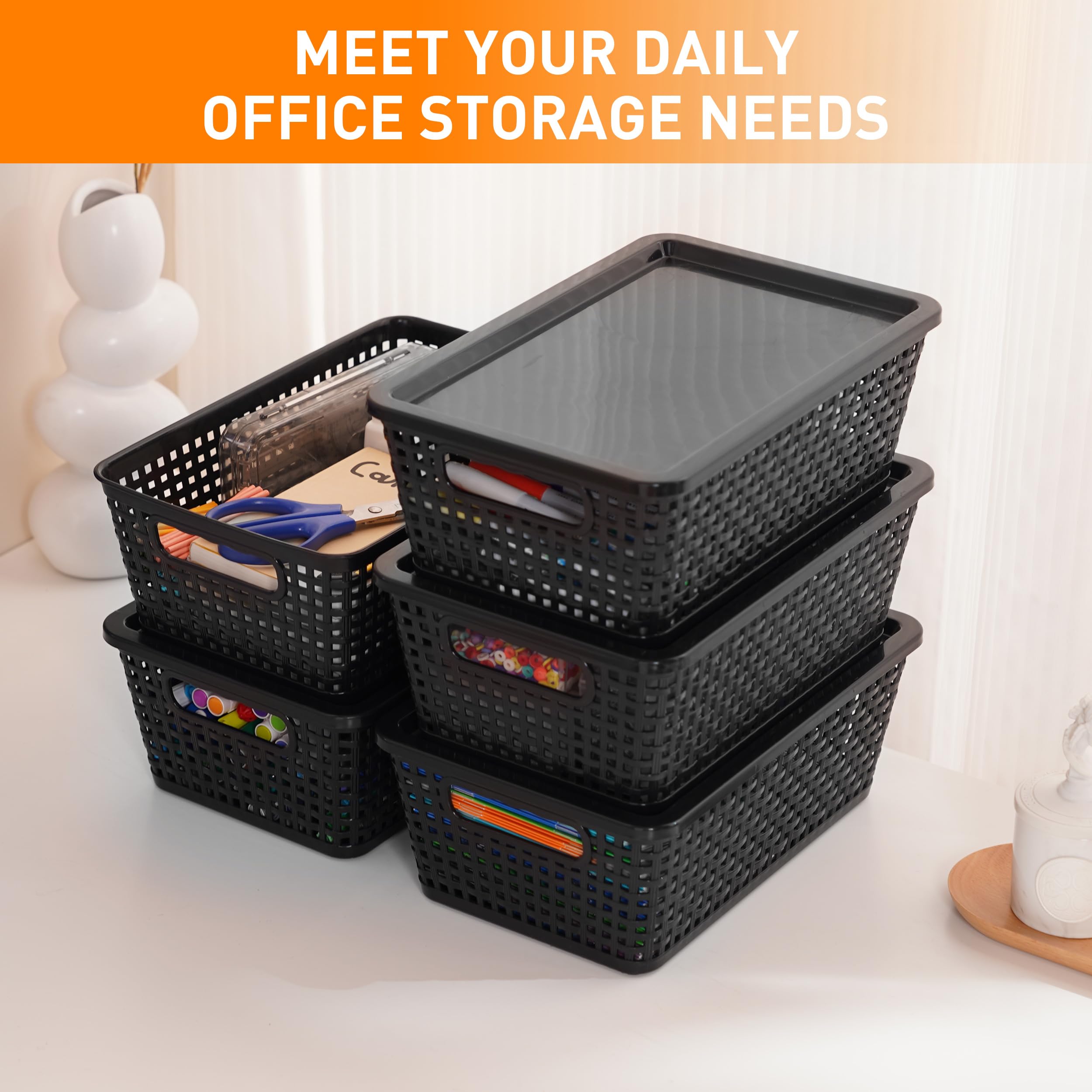 Anywish Plastic Storage Baskets With Lid, Storage Bins for Organizing, Stackable Decorative Containers for Shelves Drawers Desktop Closet Playroom Classroom Office, 8 Pack-Black