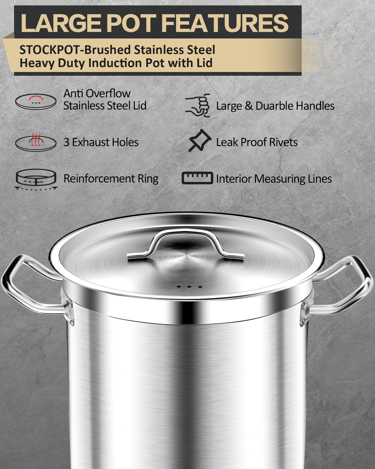 STOCKPOT Extra-Large Stainless Steel Stock Pot – Commercial Heavy Duty Soup Pot with Lid, 3-Ply Base for Fast Heating, Ideal for Seafood Boils and Outdoor Cooking - 100 Quart