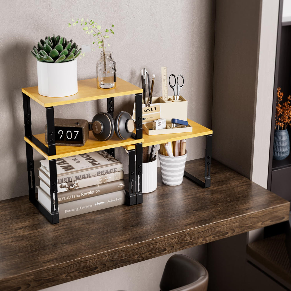 Adjustable Storage Shelves for Kitchen Cabinet Organization - Set of 2 Stackable Metal & Solid Wood Racks, Space-Saving Design for Countertop/Pantry/Garage, Easy Assembly(2 Packs/Medium/Black)