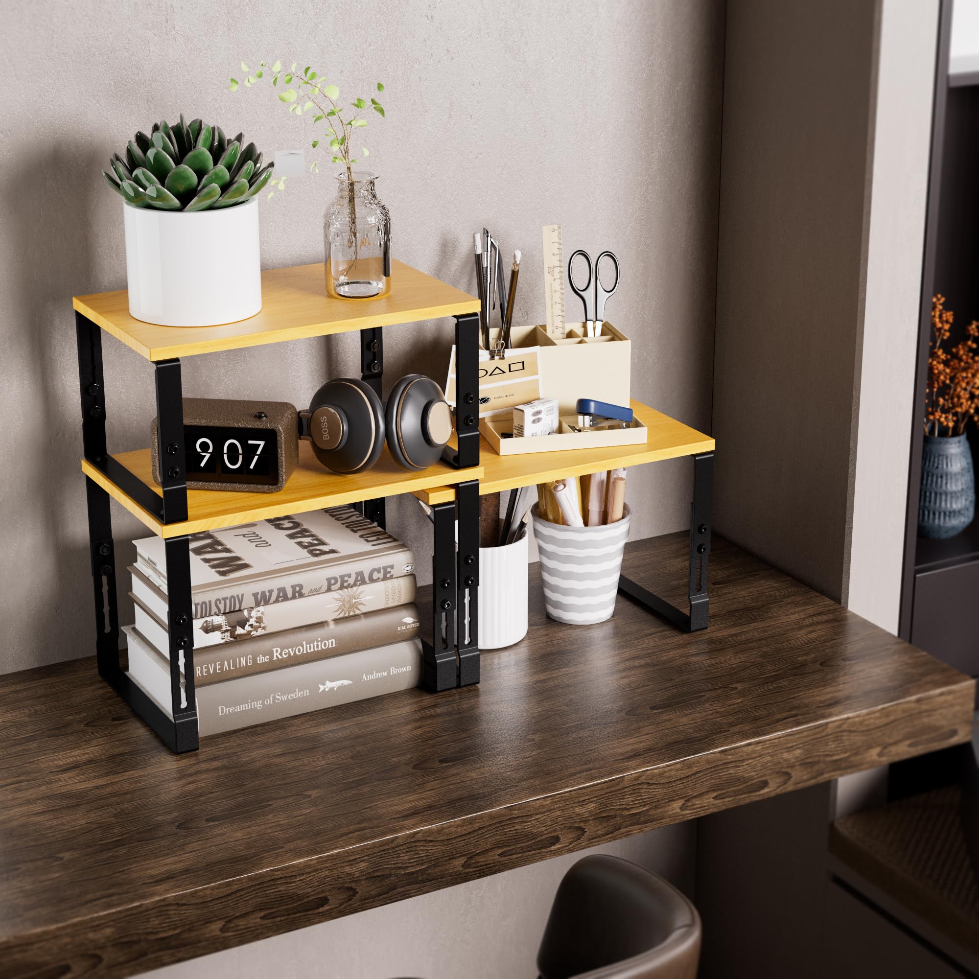 Adjustable Storage Shelves for Kitchen Cabinet Organization - Set of 2 Stackable Metal & Solid Wood Racks, Space-Saving Design for Countertop/Pantry/Garage, Easy Assembly(2 Packs/Medium/Black)