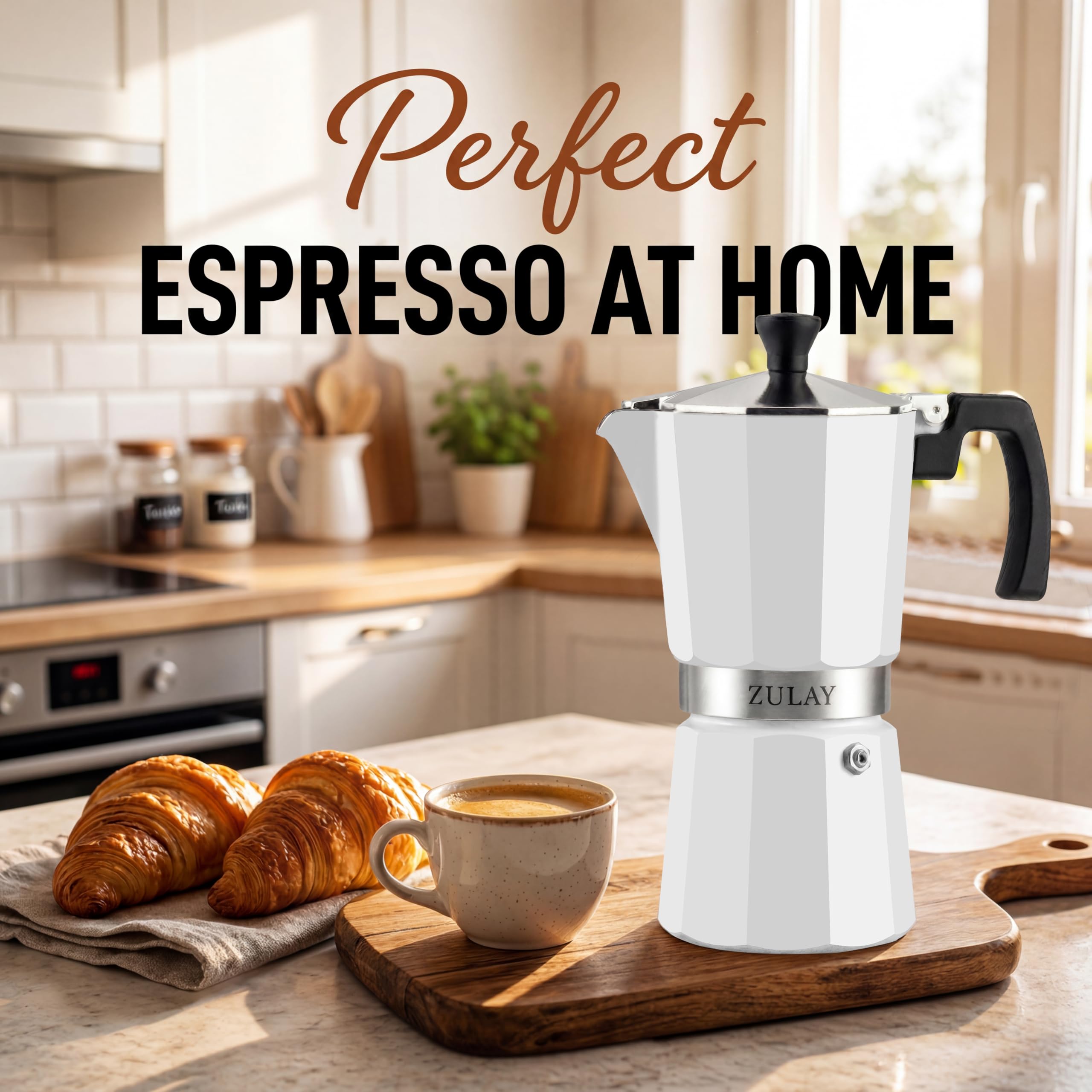 Zulay Moka Pot Espresso Stovetop Coffee Maker - Leak-Proof, Stainless Steel, Easy to Clean, Heat Resistant Handle & Knob - for Authentic Cuban & Italian Style Espresso - Makes 12 Espresso Cups - White
