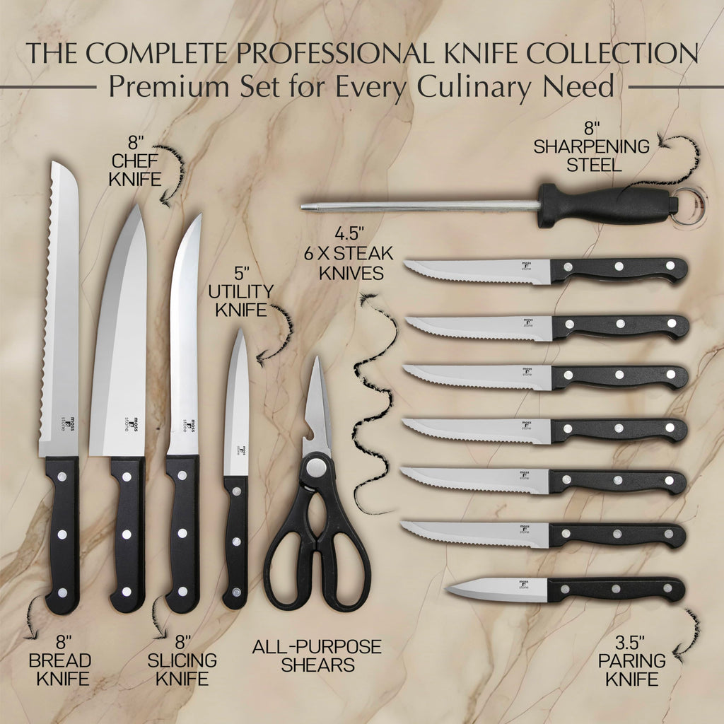 Moss & Stone 14 Pcs Kitchen Knife Set with Block, Stainless Steel