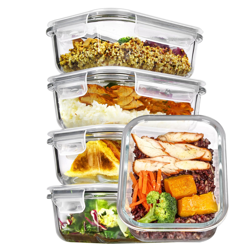 Vtopmart 5 Pack 35oz Glass Food Storage Containers with Lids, Grey
