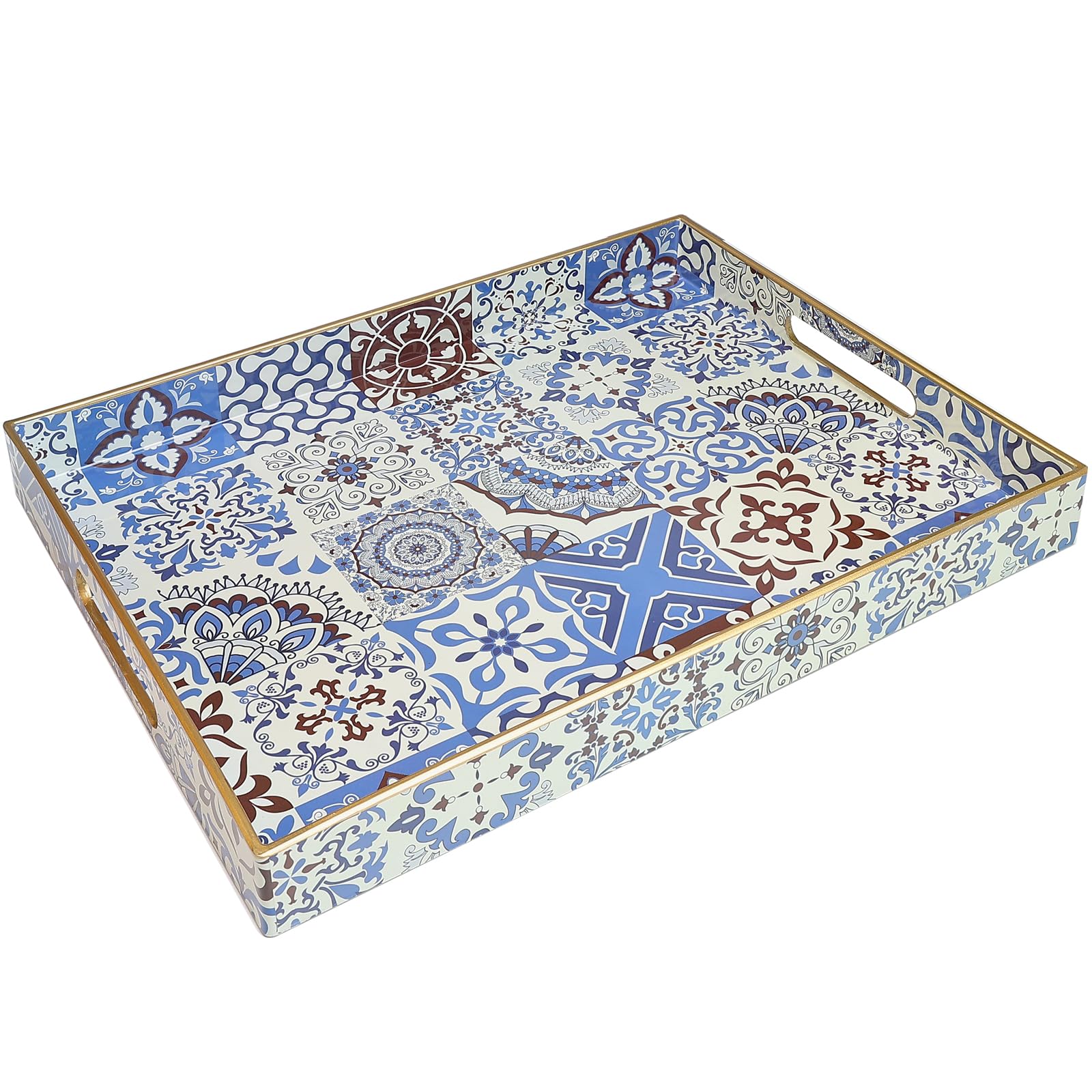 Spsyrine Decorative Serving Tray with Handles, Lacquered Coffee Table Tray for Ottoman, Rectangular Waterproof Platters for Centerpieces, Parties, Living Room, Kitchen Counter Organization SP3040RE1