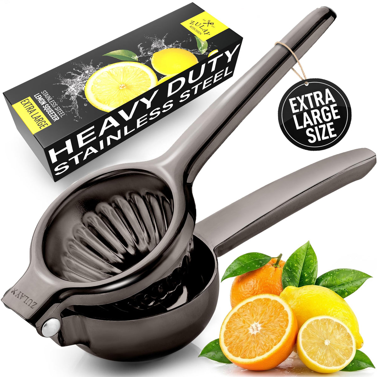 Zulay Kitchen Extra Large Lemon Squeezer Stainless Steel - Easy Squeeze Heavy Duty Lemon Juicer Hand Press - Ergonomic Citrus Squeezer & Fruit Juicer for Small Oranges, Lemons, & Limes - Silver