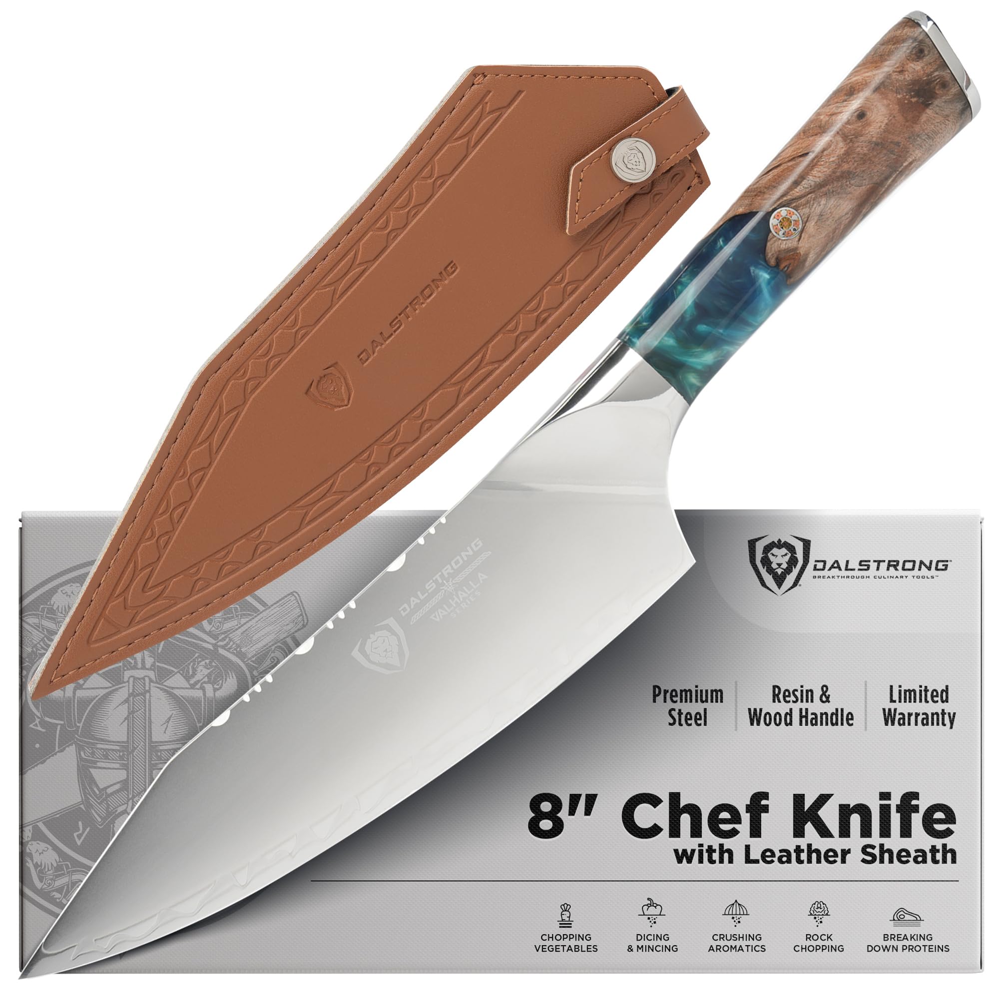 Dalstrong Chef Knife - 8 inch - Valhalla Series - Premium 9CR18MOV HC Steel - Celestial Resin & Wood Handle - Razor Sharp - Kitchen Cooking Chef's Knife - Leather Sheath
