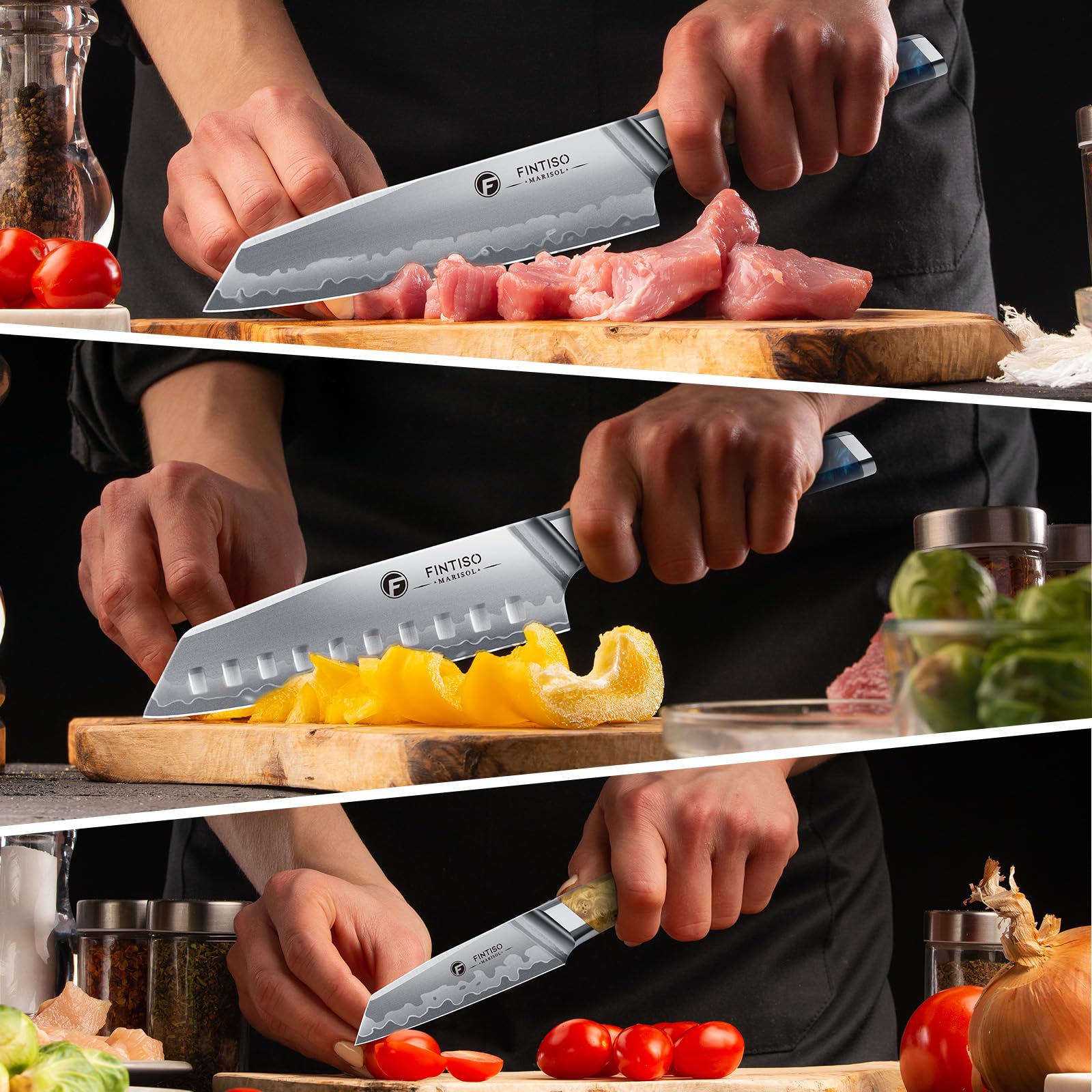 FINTISO 3PCS Japanese Knife Set, S35VN Powder Steel Core Chef Knives