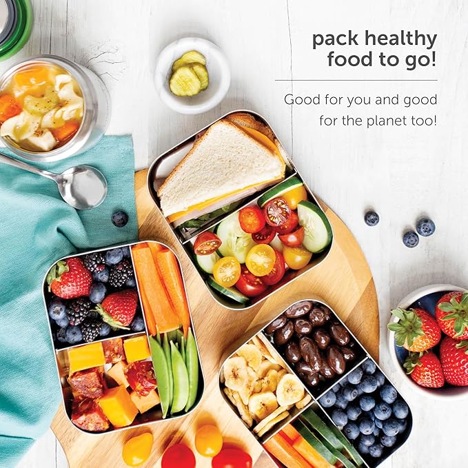 LunchBots Medium Trio II Snack Container - Divided Stainless Steel Food Container - Three Sections for Snacks On the Go - Eco-Friendly, Dishwasher Safe, BPA-Free - Stainless Lid - Pink Dots