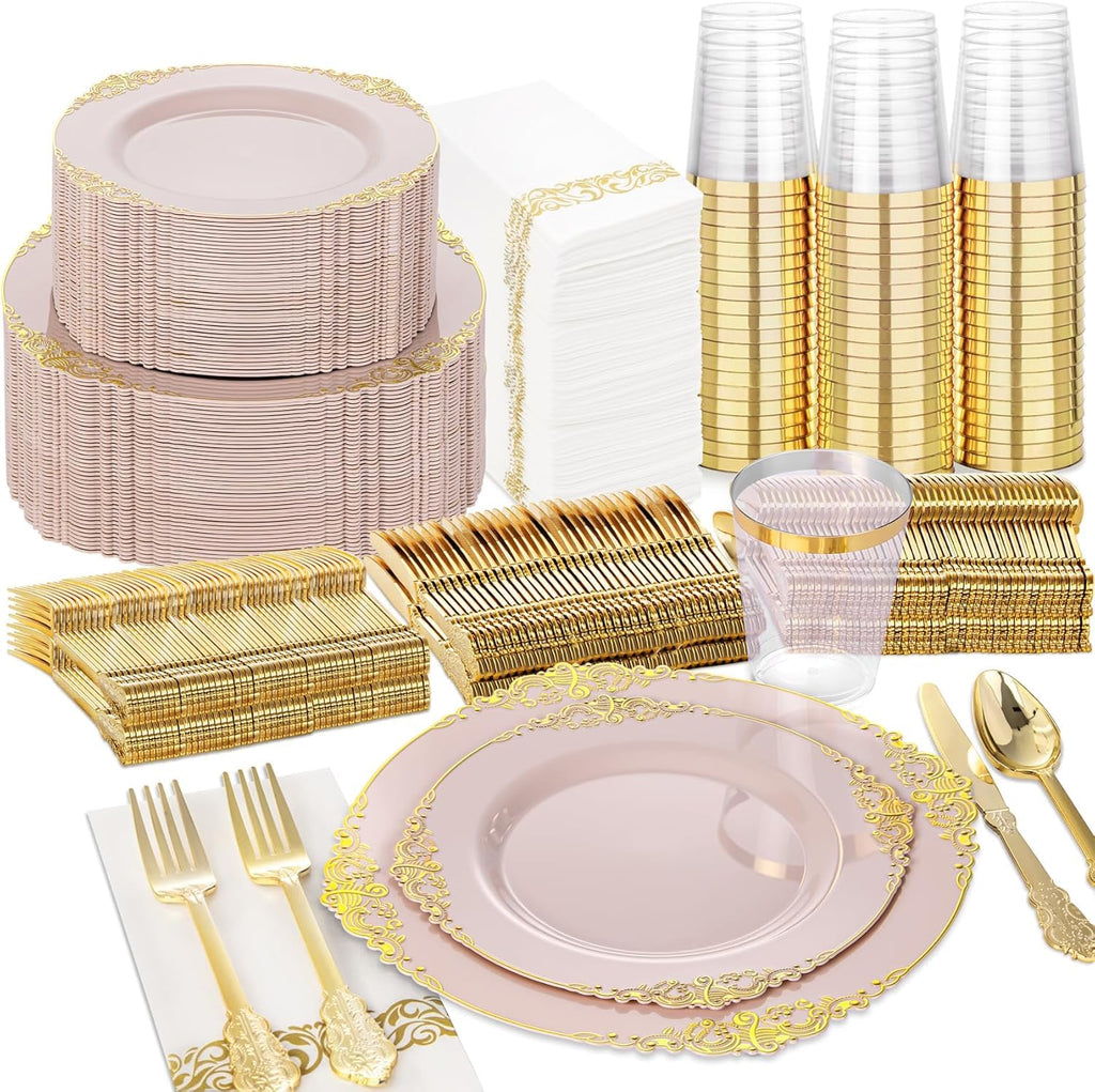 Nervure 350Pcs Purple Plastic Plates, Plastic Dinnerware Set for 50 Guests