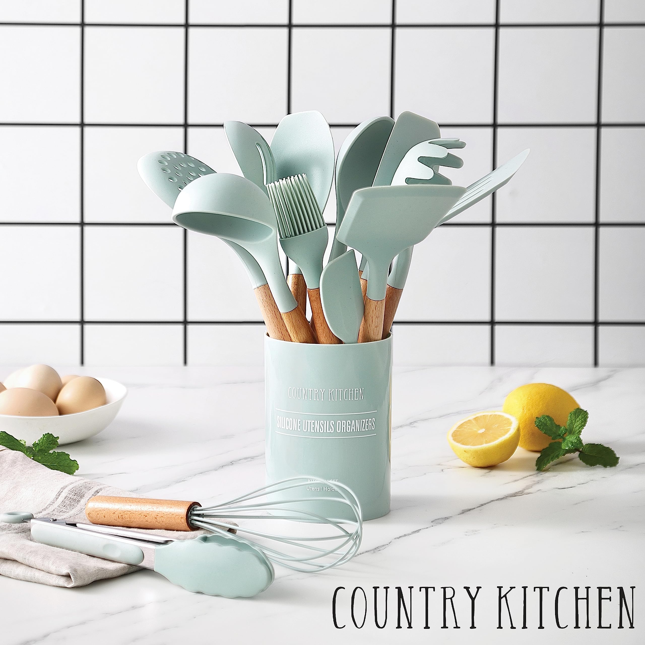 Country Kitchen Non Stick Silicone Utensil Set with Rounded Wood Handles for Cooking and Baking, 14 Piece Set, Mint