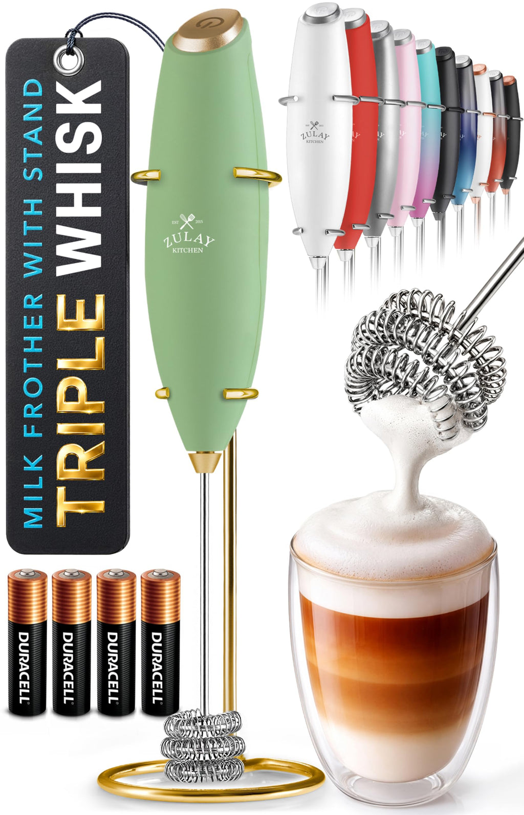 Zulay Kitchen Powerful Milk Frother Wand With Duracell Batteries - Ultra Fast Handheld Drink Mixer - Electric Whisk Foam Maker for Coffee, Lattes, Cappuccino & Matcha - Z1 Motor - Aqua