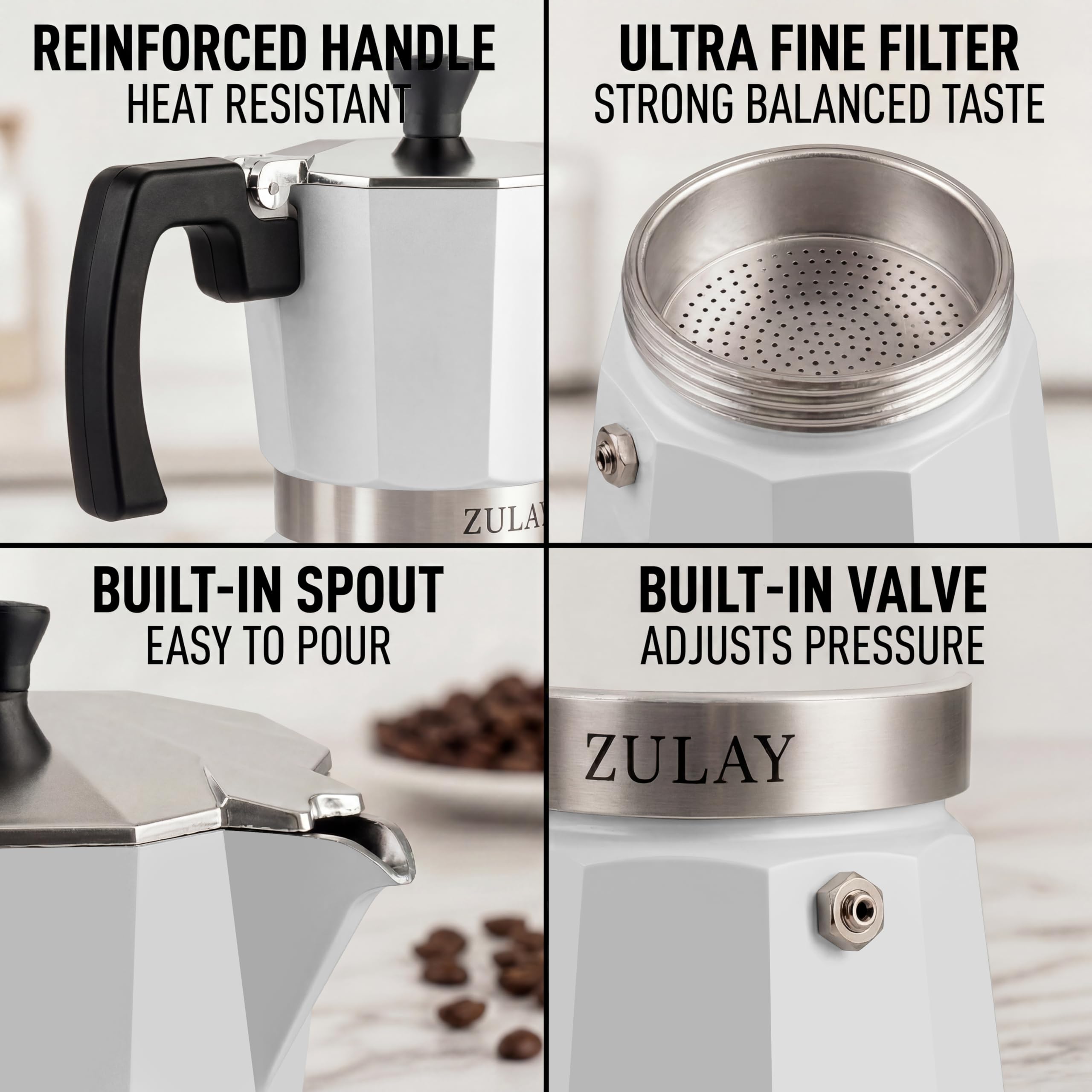 Zulay Moka Pot Espresso Stovetop Coffee Maker - Leak-Proof, Stainless Steel, Easy to Clean, Heat Resistant Handle & Knob - for Authentic Cuban & Italian Style Espresso - Makes 6 Espresso Cups - White