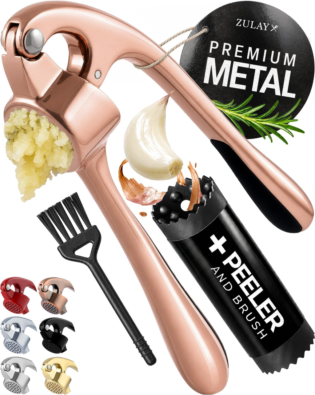 Zulay Kitchen Premium Garlic Press Set - Rust Proof Professional Garlic Mincer Tool - Easy-Squeeze, Easy-Clean with Soft Handle - Silicone Garlic Peeler & Brush (Rose Gold)