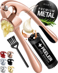 Zulay Kitchen Premium Garlic Press Set - Rust Proof Professional Garlic Mincer Tool - Easy-Squeeze, Easy-Clean with Soft Handle - Silicone Garlic Peeler & Brush (Rose Gold)