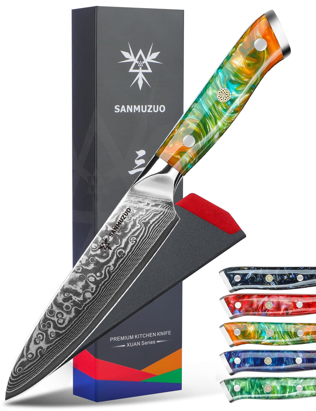 SANMUZUO 5 Inch Kitchen Utility Knife - Xuan Series Kitchen Knives - VG10 Damascus Steel with Resin Handle (Sunset Red)