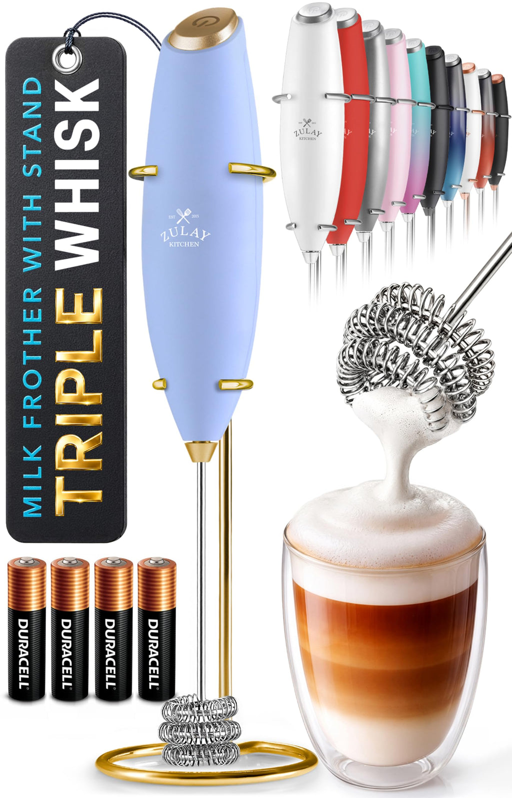 Zulay Kitchen Powerful Milk Frother Wand With Duracell Batteries - Ultra Fast Handheld Drink Mixer - Electric Whisk Foam Maker for Coffee, Lattes, Cappuccino & Matcha - Z1 Motor - Aqua