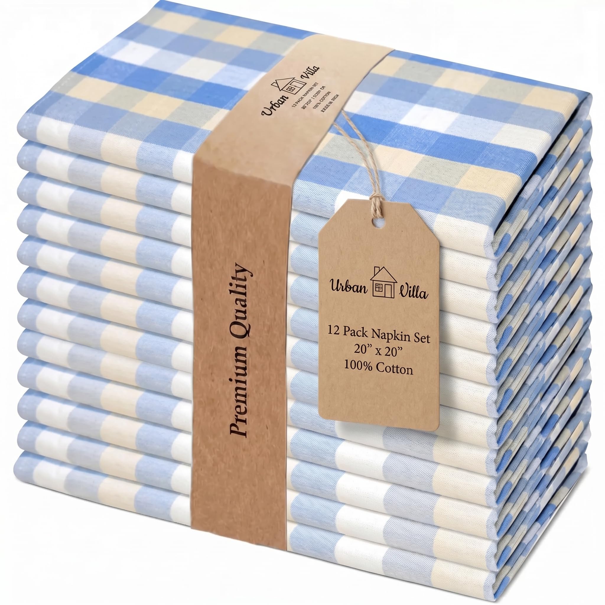 Urban Villa Cloth Napkins 100% Cotton Highly Absorbent Washable Reusable Premium Dinner Napkins Ideal for Gifts for Mothers Day Hotel Farmhouse Parties - Blue Sand Checks (20" x 20", Set of 12)