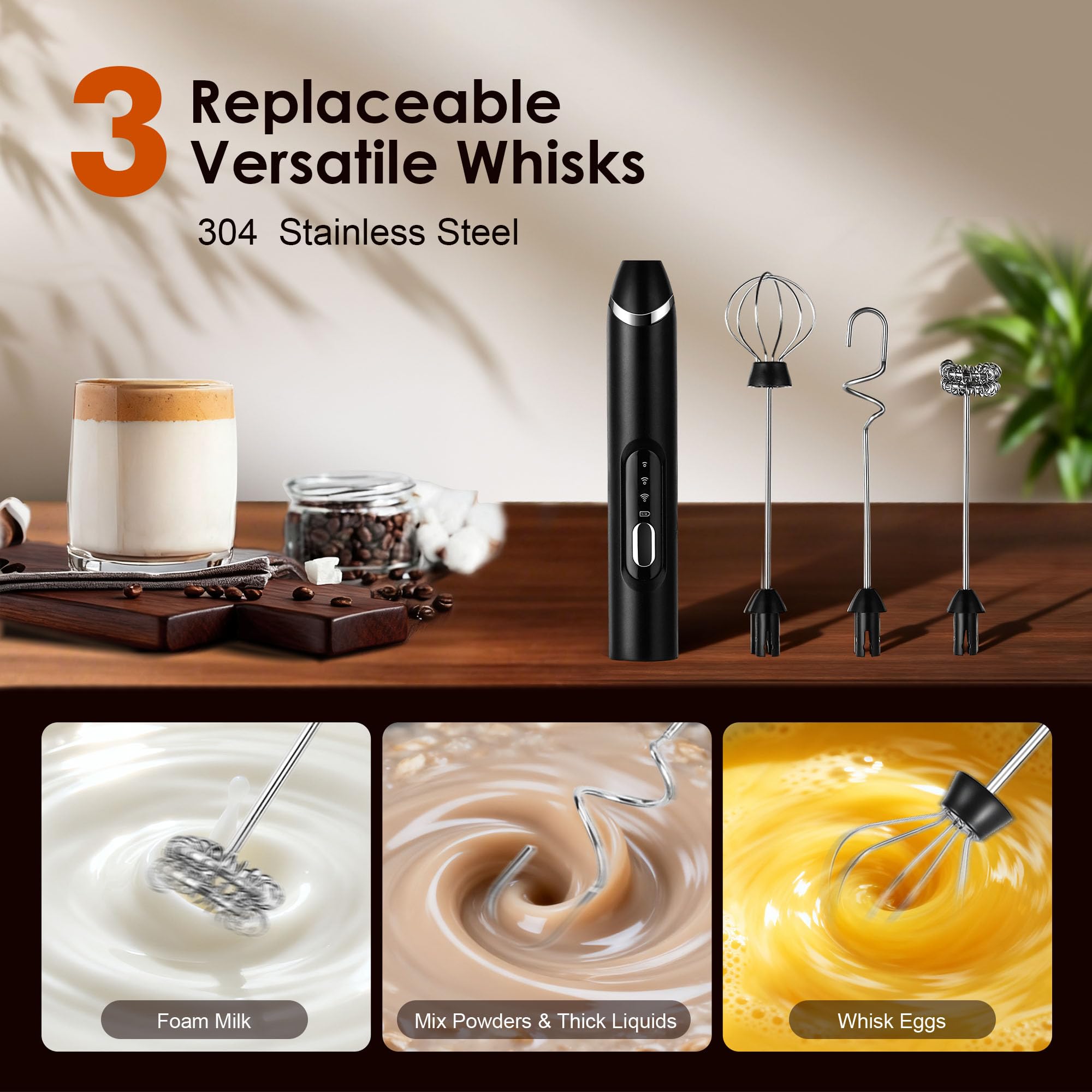 ToWinSom Milk Frother Handheld with stand,Rechargeable Coffee Frother Wand with 3 Detachable Stainless Steel Whisk Heads, Hand Electric Mixer for Latte,Matcha,Cappuccino,Protein (Black)