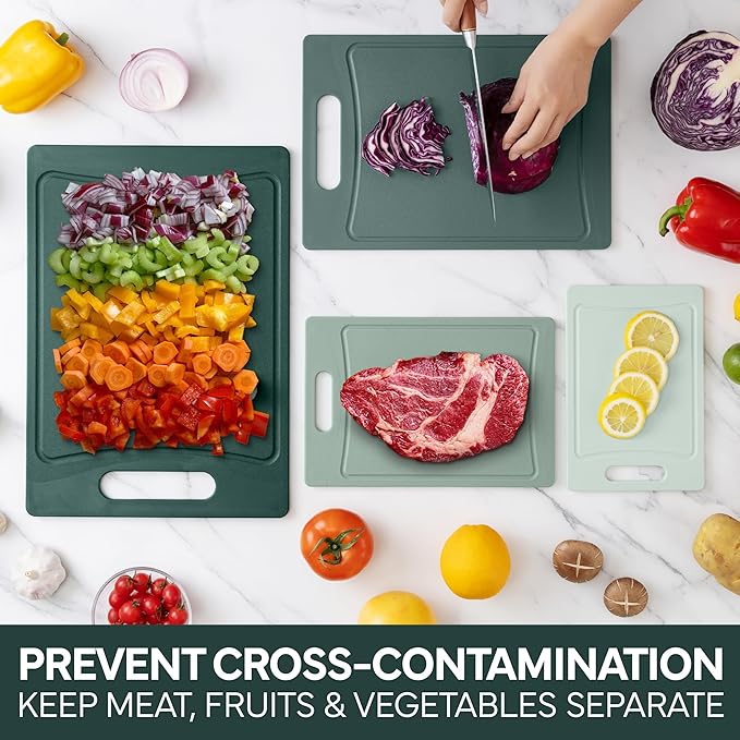 COOK WITH COLOR Non-Slip Cutting Board Set – Kitchen Essentials with Easy Grip Handle for Meat, Veggies, and Fruits, 4 Cutting Boards, Mint