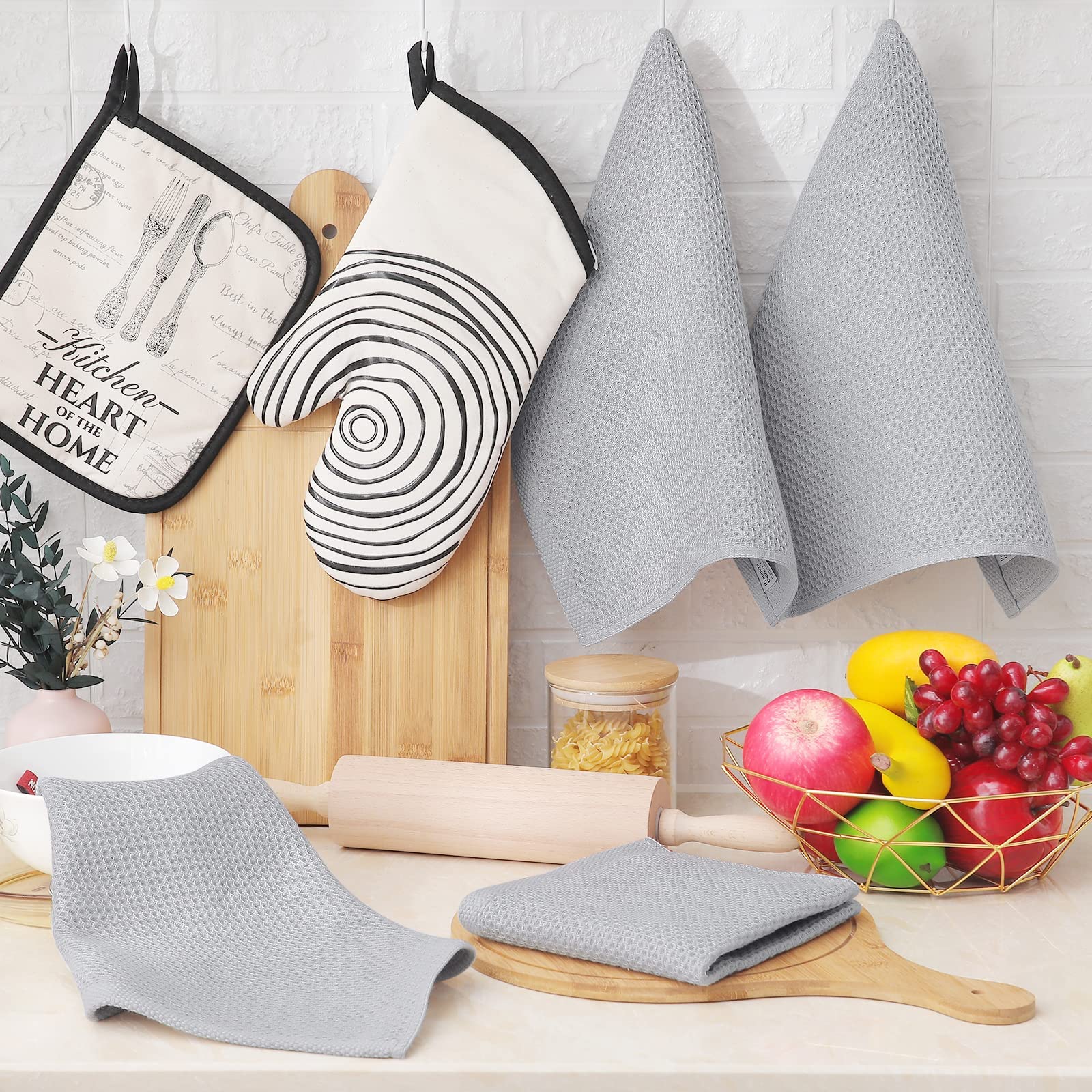 Homaxy 100% Cotton Waffle Weave Kitchen Dish Cloths, Ultra Soft Absorbent Quick Drying Dish Towels, 12 x 12 Inches, 8-Pack, Light Gray