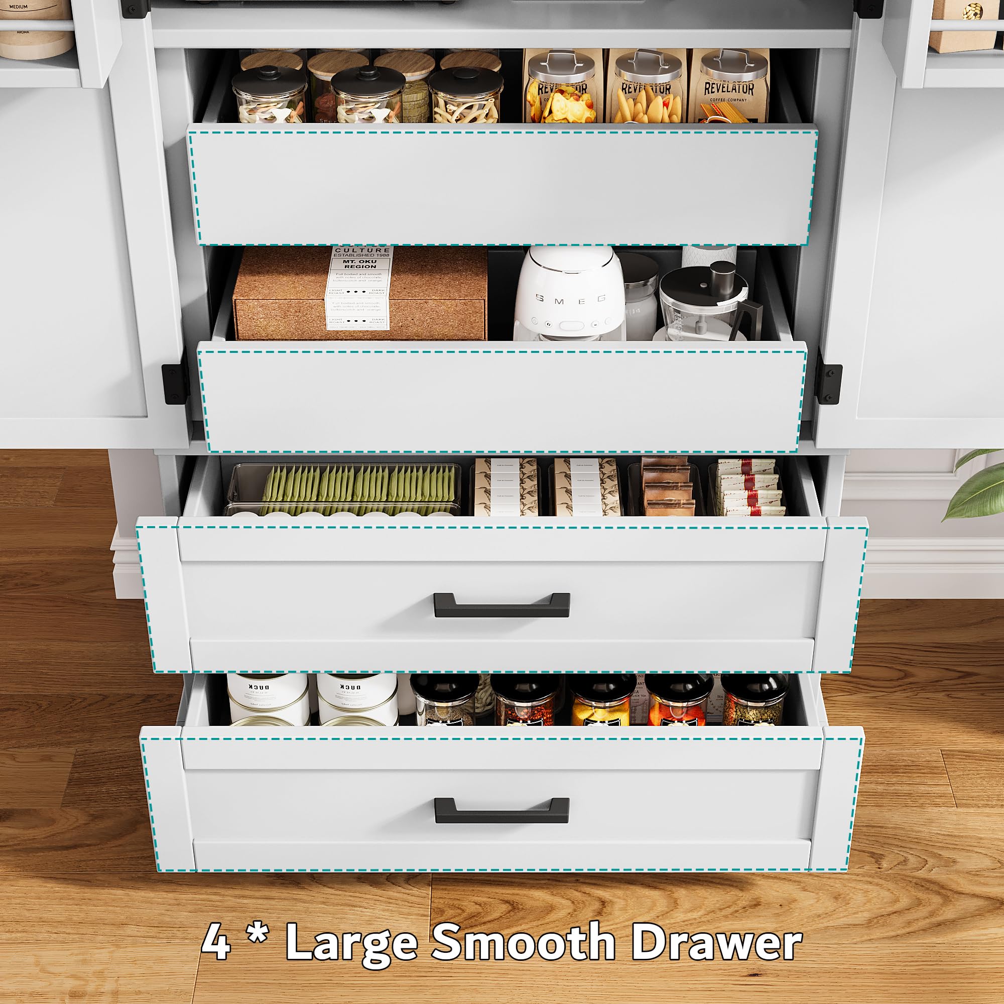 iPormis 71" Tall Kitchen Pantry Storage Cabinet w/Adjustable Shelf, Door Shelves & Large Drawers, Freestanding Kitchen Cupboard for Dining Room/Living Room, White