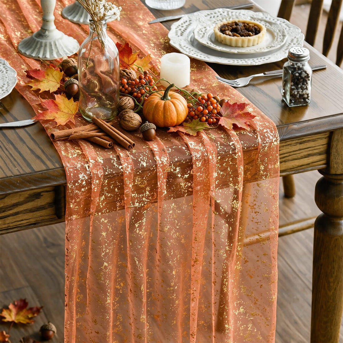 Artoid Mode 3Pcs Beige Gold Gauze Table Runner 120 Inch 10FT, Glitter Metallic Foil Sheer Dining Wedding Anniversary Holiday Birthday Table Decor for Home Party
