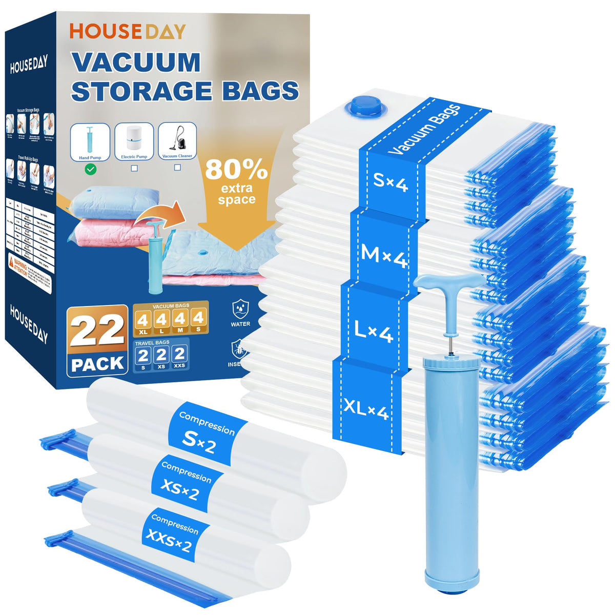 HOUSE DAY 22 Pack Vacuum Storage Bags with Pump,Space Saving Vacuum Seal Bags For Clothing Travel,4 Jumbo/4 Large/4 Medium/4 Small, 2S/2XS/2XXS Roll Up Bags, Hand Pump Included, Sealer Clothes Storage