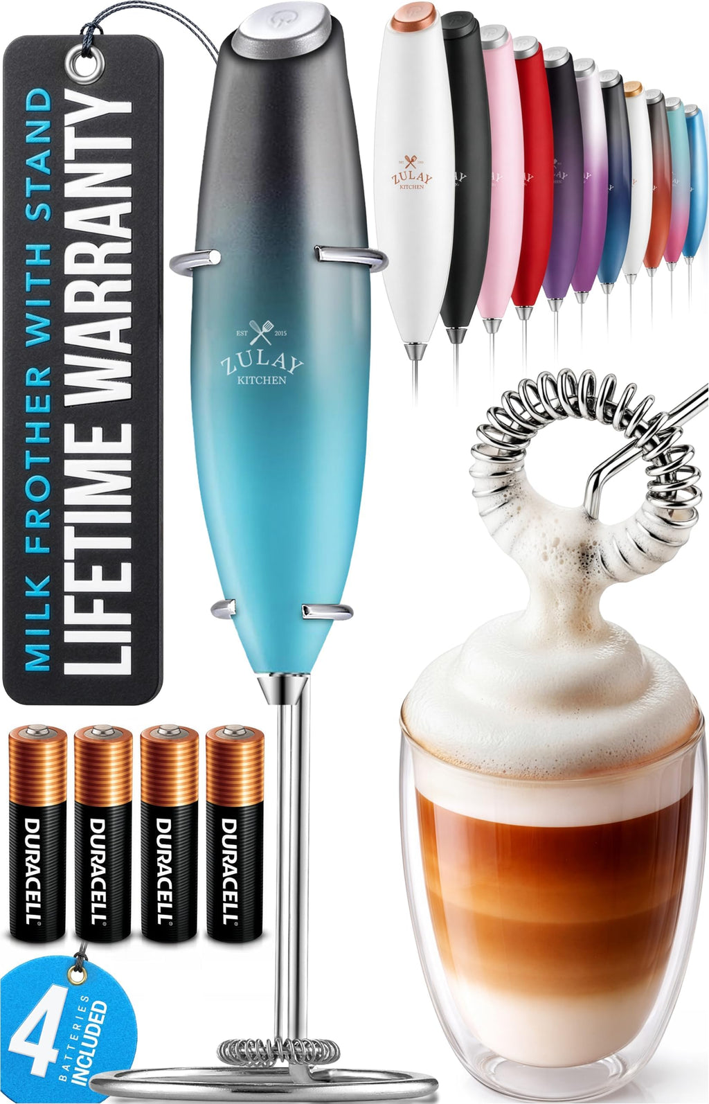 Zulay Kitchen Powerful Milk Frother Wand With Duracell Batteries - Ultra Fast Handheld Drink Mixer - Electric Whisk Foam Maker for Coffee, Lattes, Cappuccino & Matcha - Z1 Motor - Aqua