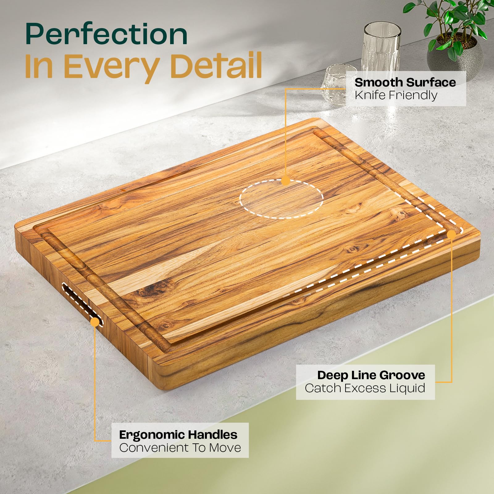 Yes4All Solid Teak Cutting Boards for Kitchen, [17''L x 13''W x 1.5” Thick] Medium Edge Grain Butcher Block Cutting Board, Wood Cutting Boards with Juice Grooves and Easy Grip Handle