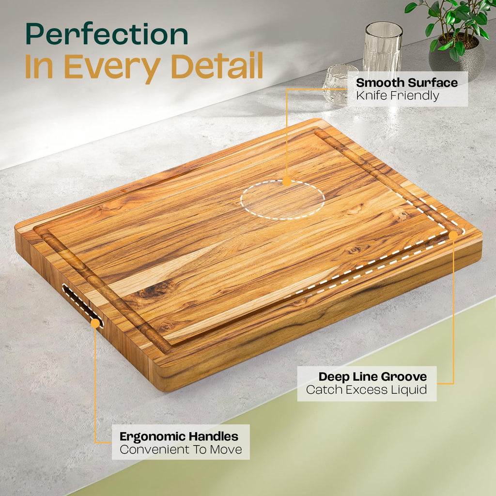 Yes4All Solid Teak Cutting Boards for Kitchen, [17''L x 13''W x 1.5” Thick] Medium Edge Grain Butcher Block Cutting Board, Wood Cutting Boards with Juice Grooves and Easy Grip Handle