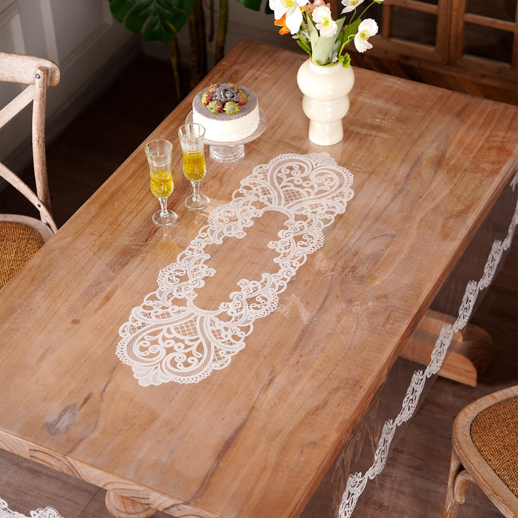 Artbloss Clear Table Cover Protector Vinyl Table Cloth Rectangle Oil Spill Proof Vintage Rustic Plastic Table Covers for Dining Tables (White Lace, 60 x 84 Inches)