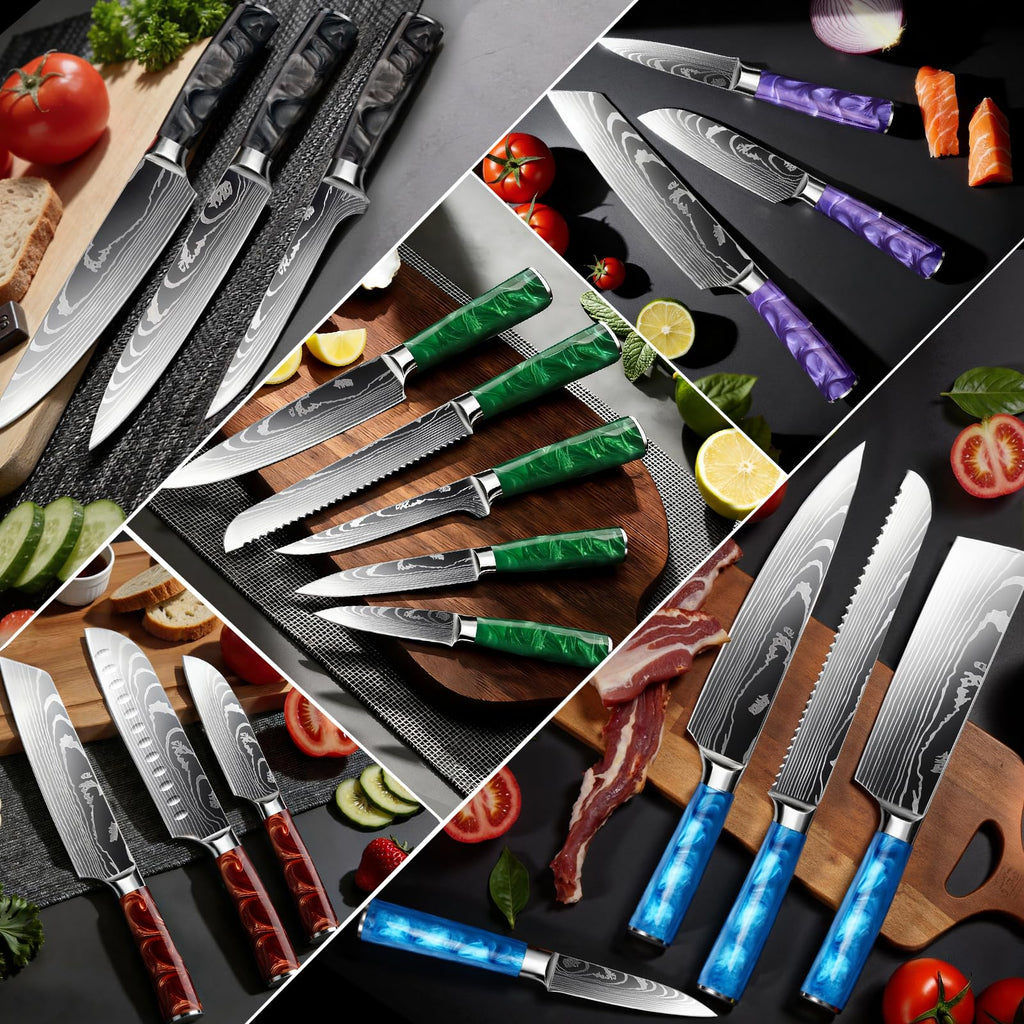 FIVE COWS 10-Piece Premium Japanese Kitchen Knife Set - Star Collection, Laser Damascus Pattern, 440A Stainless Steel Ultra Sharp for Fast Cutting (Red)