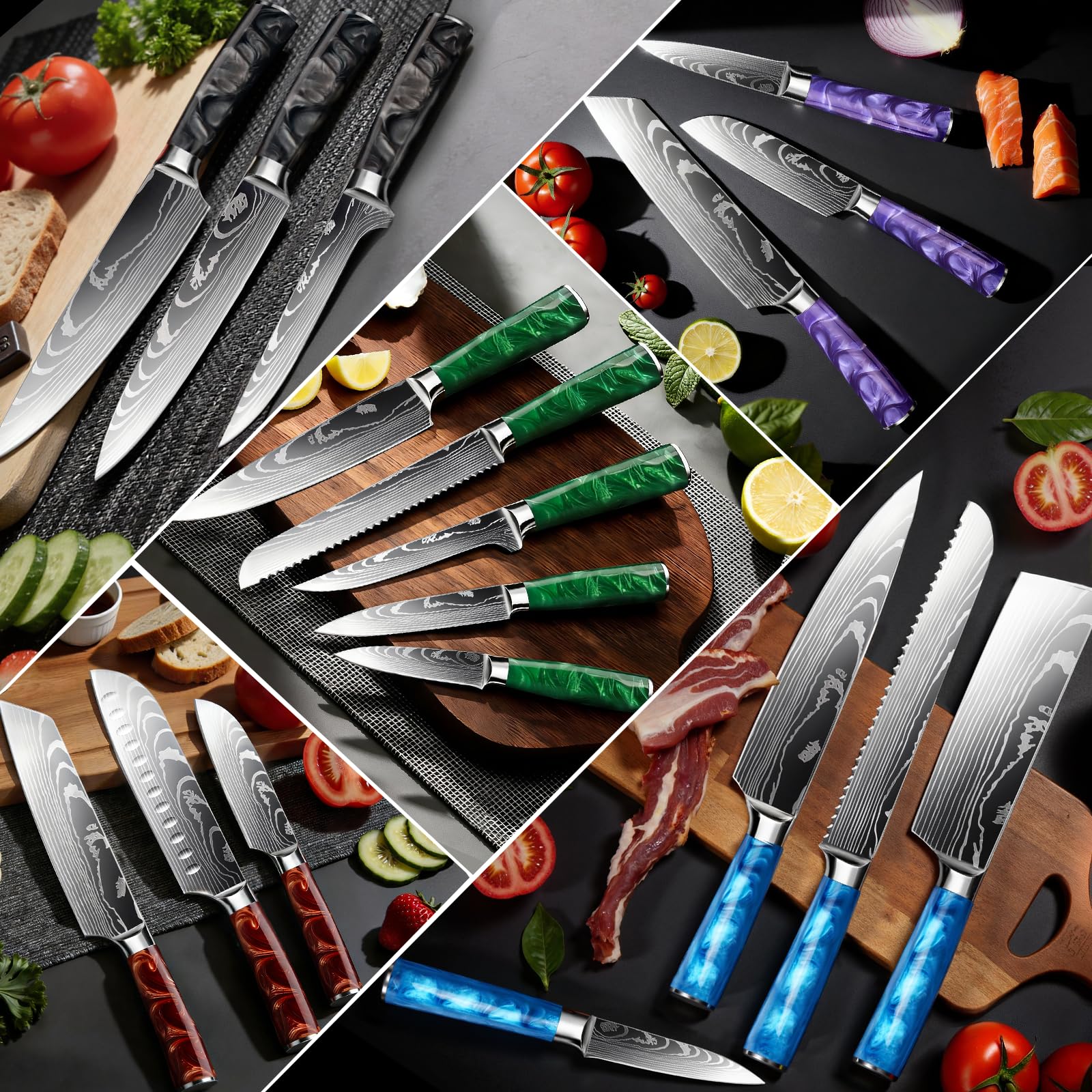 FIVE COWS 10-Piece Premium Japanese Kitchen Knife Set - Star Collection, Laser Damascus Pattern, 440A Stainless Steel Ultra Sharp for Fast Cutting (Red)
