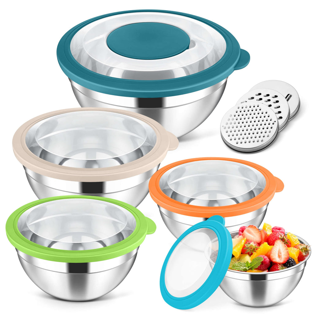Herogo 5-Piece Mixing Bowls with Airtight Clear Lids, 3 Grater Attachments, Stainless Steel Large Bowls of 5 for Kitchen, Size 4.6, 3.5, 2.5, 2, 1.5QT Ideal for Mixing and Serving, Blue