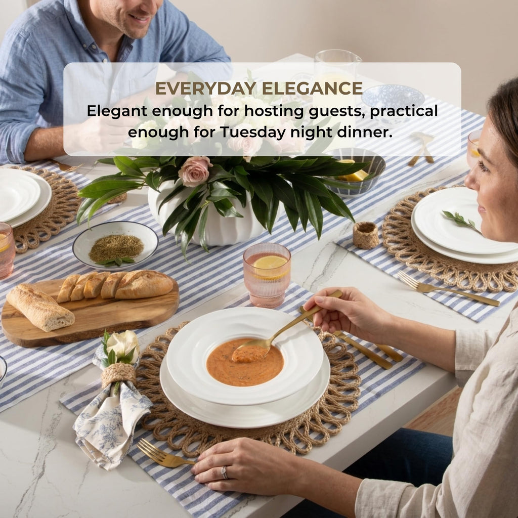Pots & Patterns Organic Wave Dinnerware Set, 12-Piece Nature-Inspired Porcelain Dinner Plates & Bowls Set for 4, Wide Rimmed Pasta Bowls, Modern White Dishes for Hosting, Dishwasher & Microwave Safe