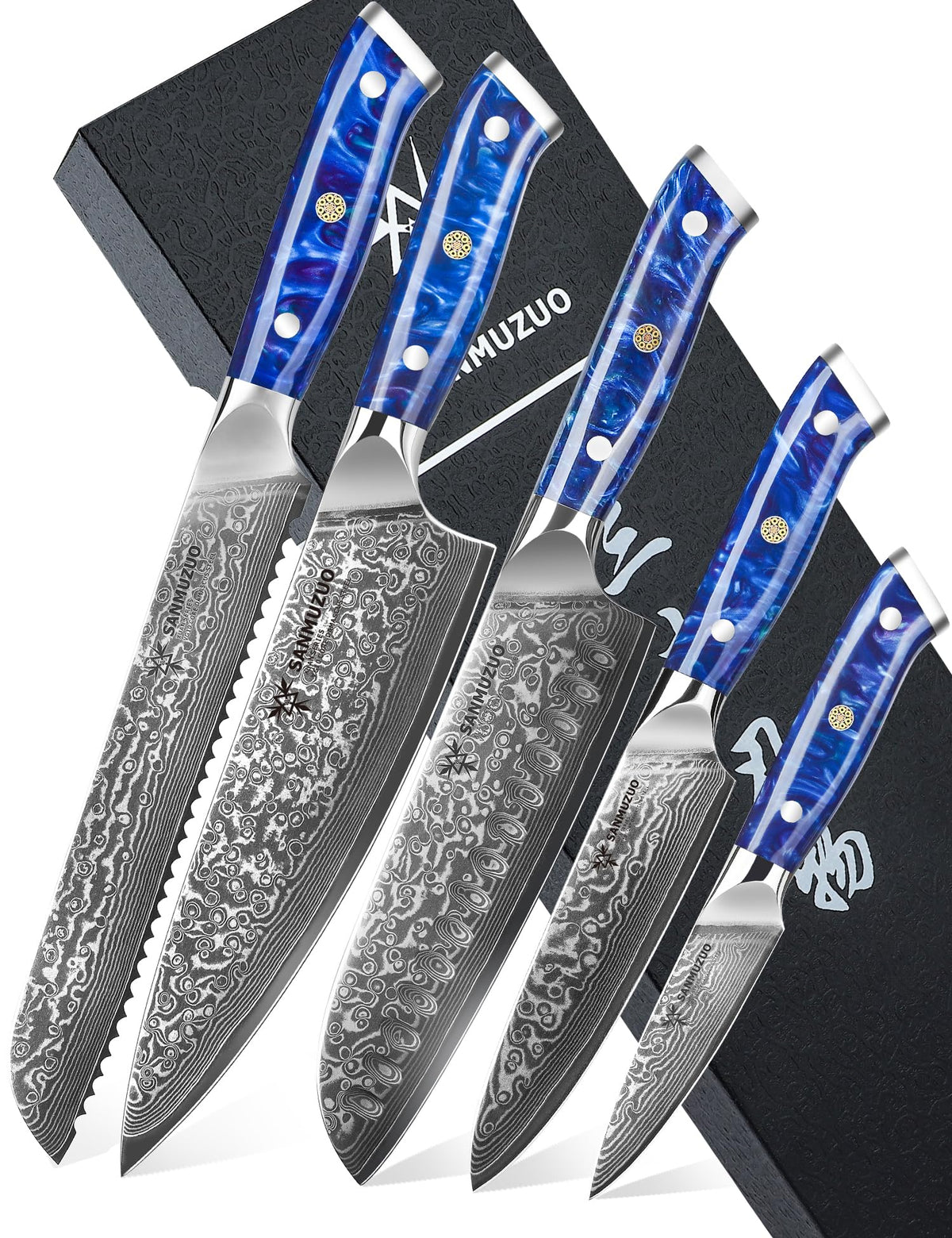 SANMUZUO Chef Cooking Knives Set- Kitchen Knife Set of 5 Piece - Ultra-Sharp VG10 Damascus Steel & Resin Handle - Xuan Series (Jade Green)