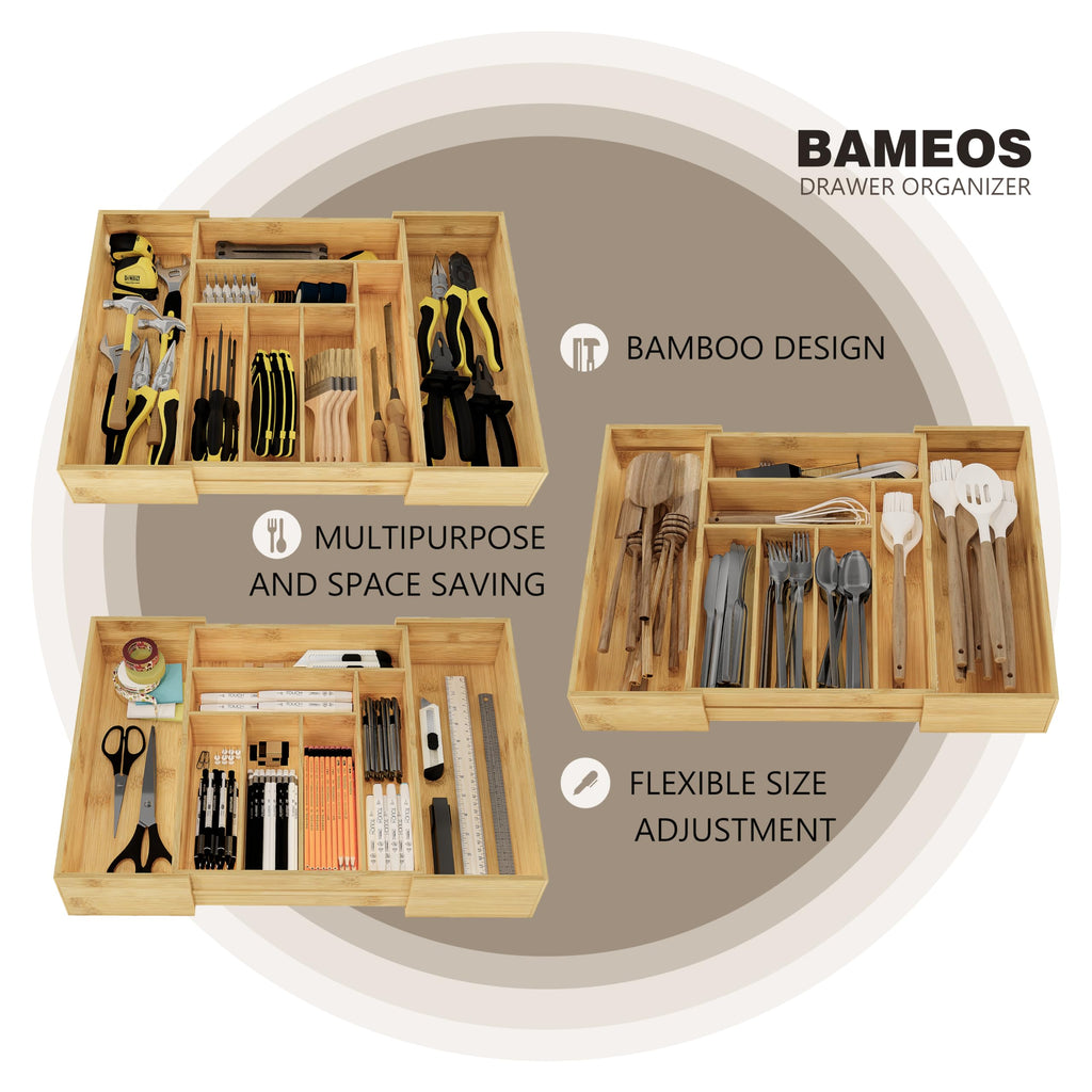 BAMEOS 3.9inch Tall Bamboo Drawer Organizer, Expandable Utensil Holder with 8 Compartments, Adjustable Kitchen Drawer Divider for Flatware, Silverware and Gadgets, Deep Storage for Home and Office