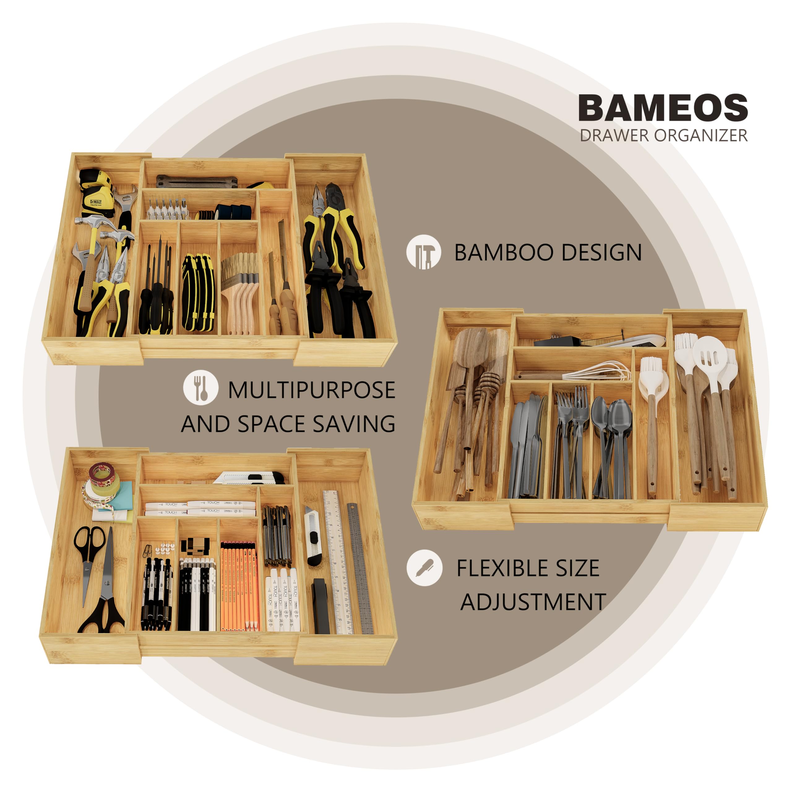 BAMEOS 3.9inch Tall Bamboo Drawer Organizer, Expandable Utensil Holder with 8 Compartments, Adjustable Kitchen Drawer Divider for Flatware, Silverware and Gadgets, Deep Storage for Home and Office