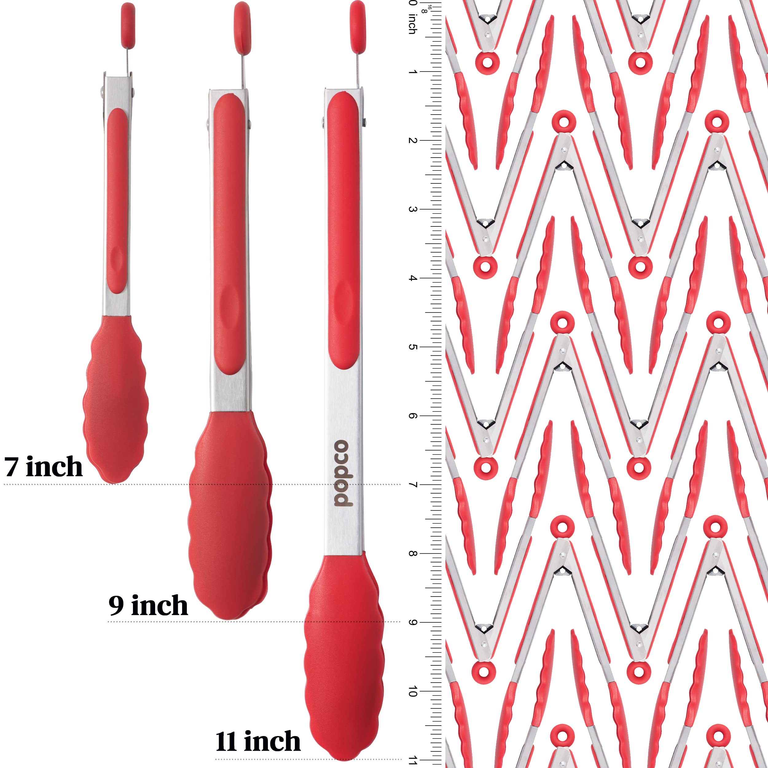 Popco 3-Piece Kitchen Tongs Set – Stainless Steel Heat Resistant Silicone Tips, Strong Comfort Grip, 3 Sizes (7, 9, 12 Inch), Non-Scratch, Dishwasher Safe, For Cooking, BBQ, Salad