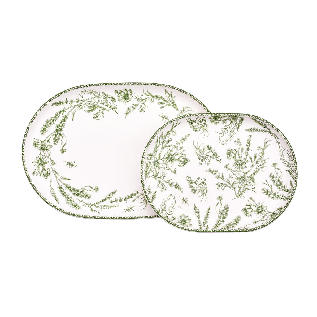 Bico Green Garden Toile De Jouy 16 plus 12 inch Oval Platters Set, Set of 2, Microwave and Dishwasher Safe, for Serving Fish, Chicken, Turkey