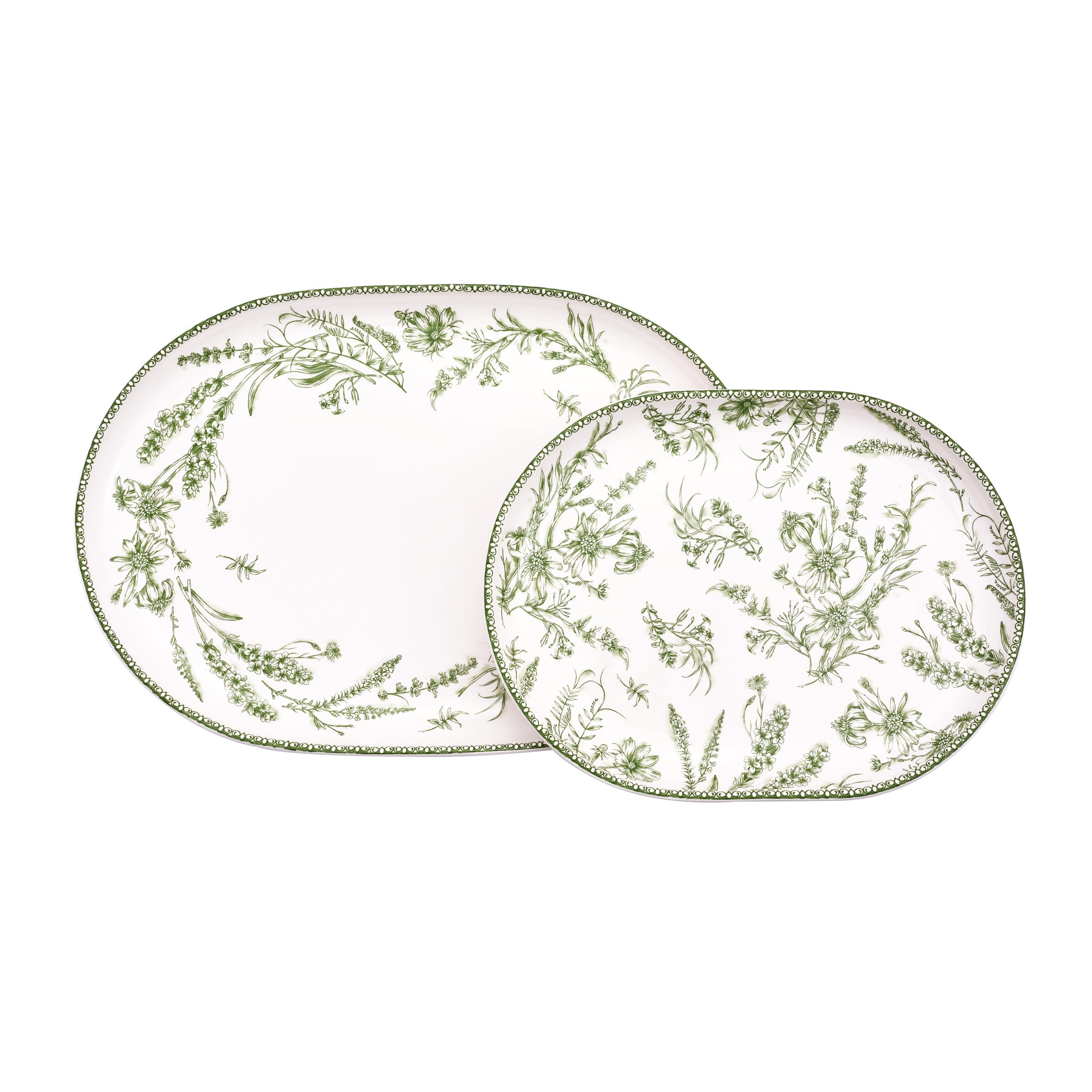 Bico Green Garden Toile De Jouy 16 plus 12 inch Oval Platters Set, Set of 2, Microwave and Dishwasher Safe, for Serving Fish, Chicken, Turkey