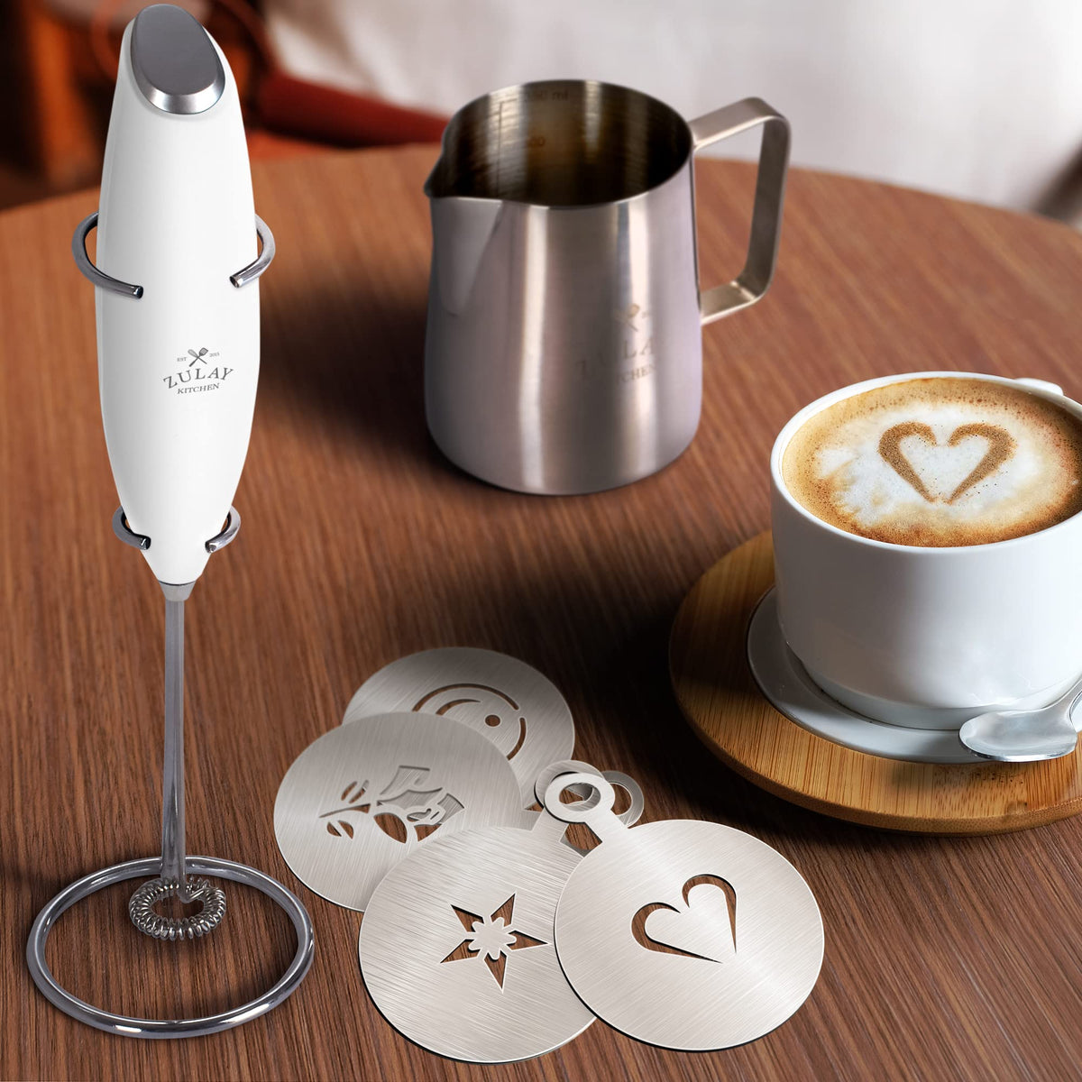 Zulay Premium Gift Milk Frother Set – Handheld Coffee Frother with Stand, 12oz/350ml Frothing Pitcher + 4 Latte Art Stencils – 13,000 RPM Motor, SS Whisk, Battery Operated – Barista Kit (White)