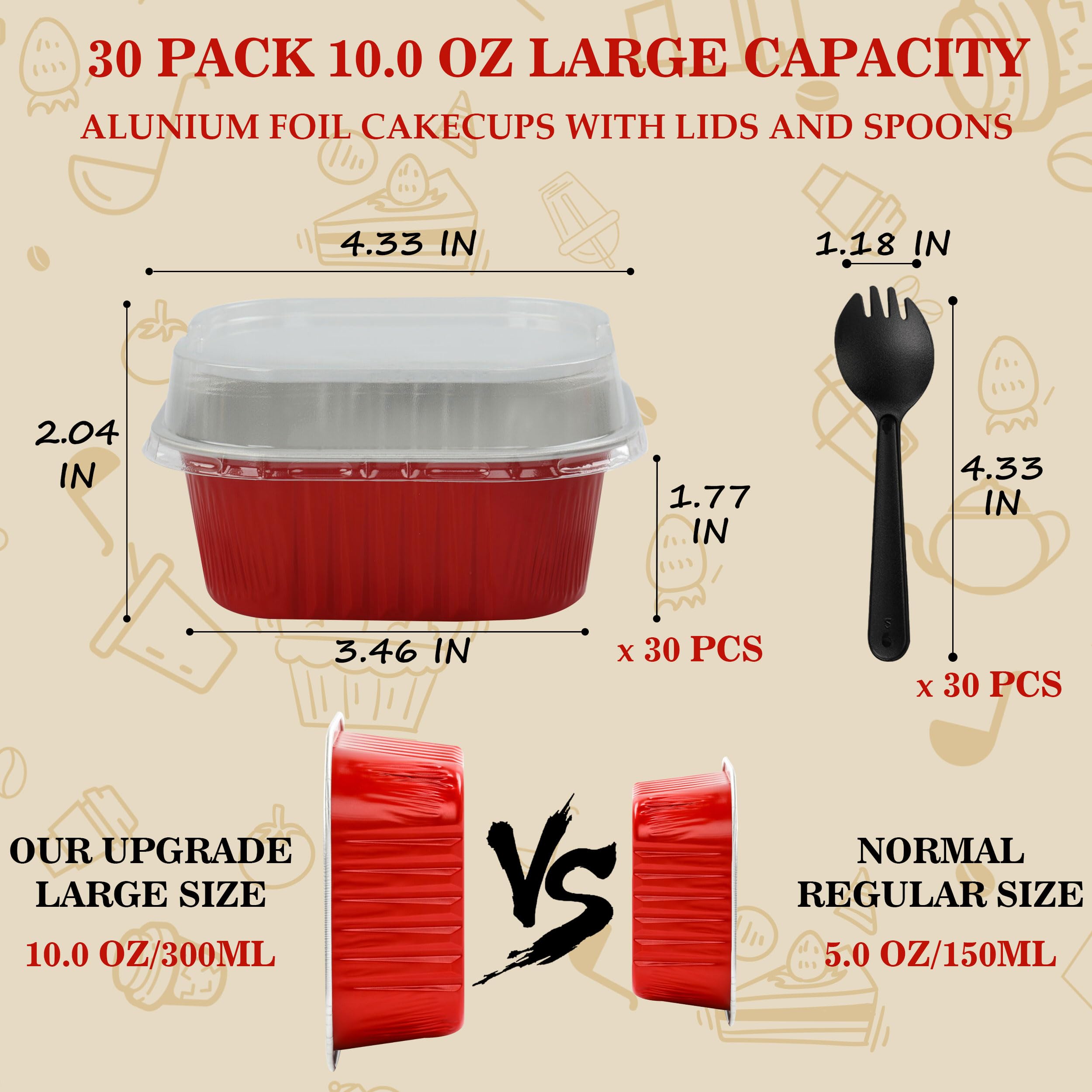 BAKINGPAK Baking Cups With Lids, 30PCS 10oz Square Mini Cake Pans With Lids Disposable Cupcake Containers Individual Cake Pans with Lids Mini Aluminum Pans with Lids for Christmas Party Birthday, Red