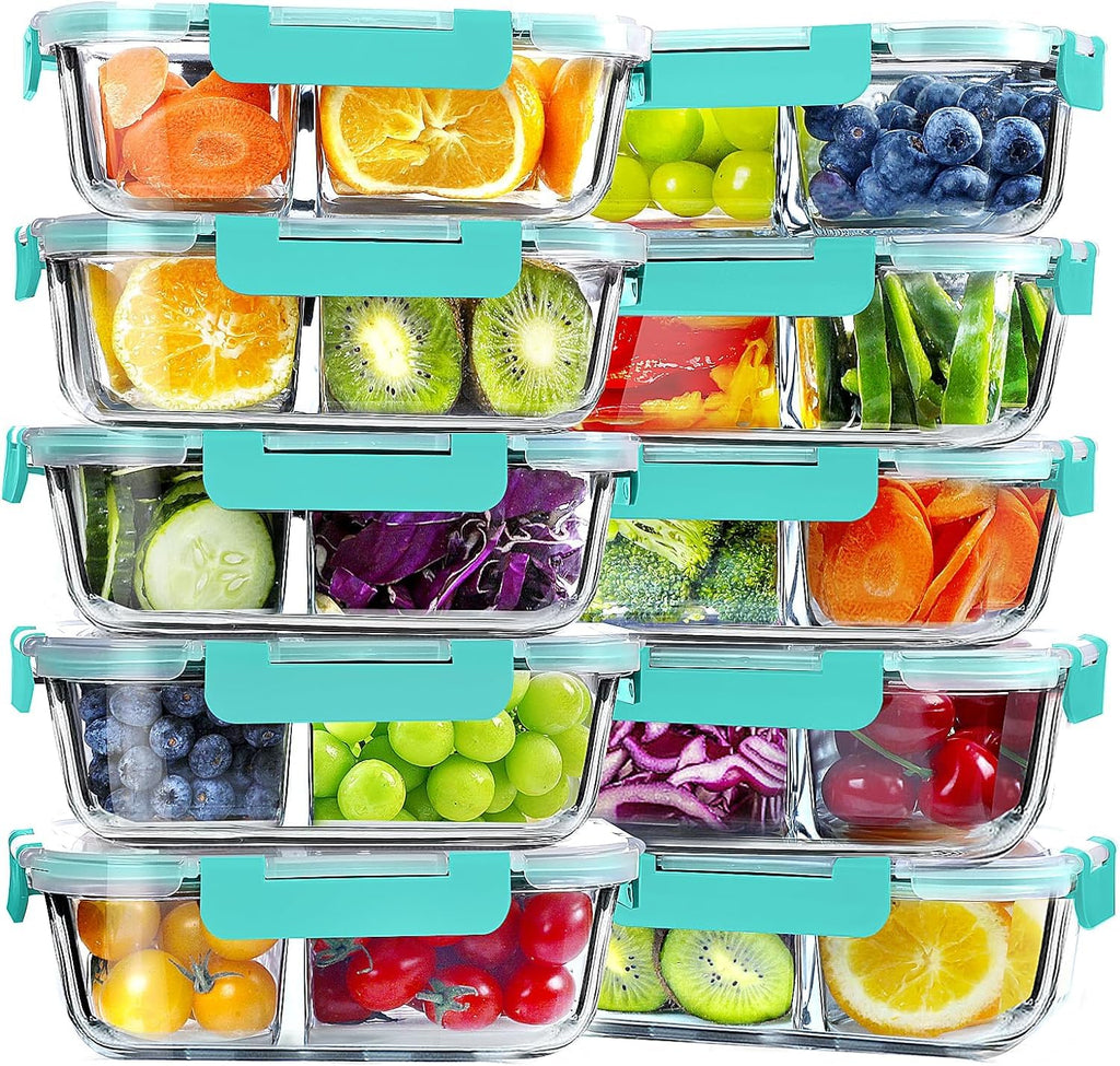 VERONES 10 PACK 30 OZ Glass Meal Prep Containers 2 Compartment Set, Red