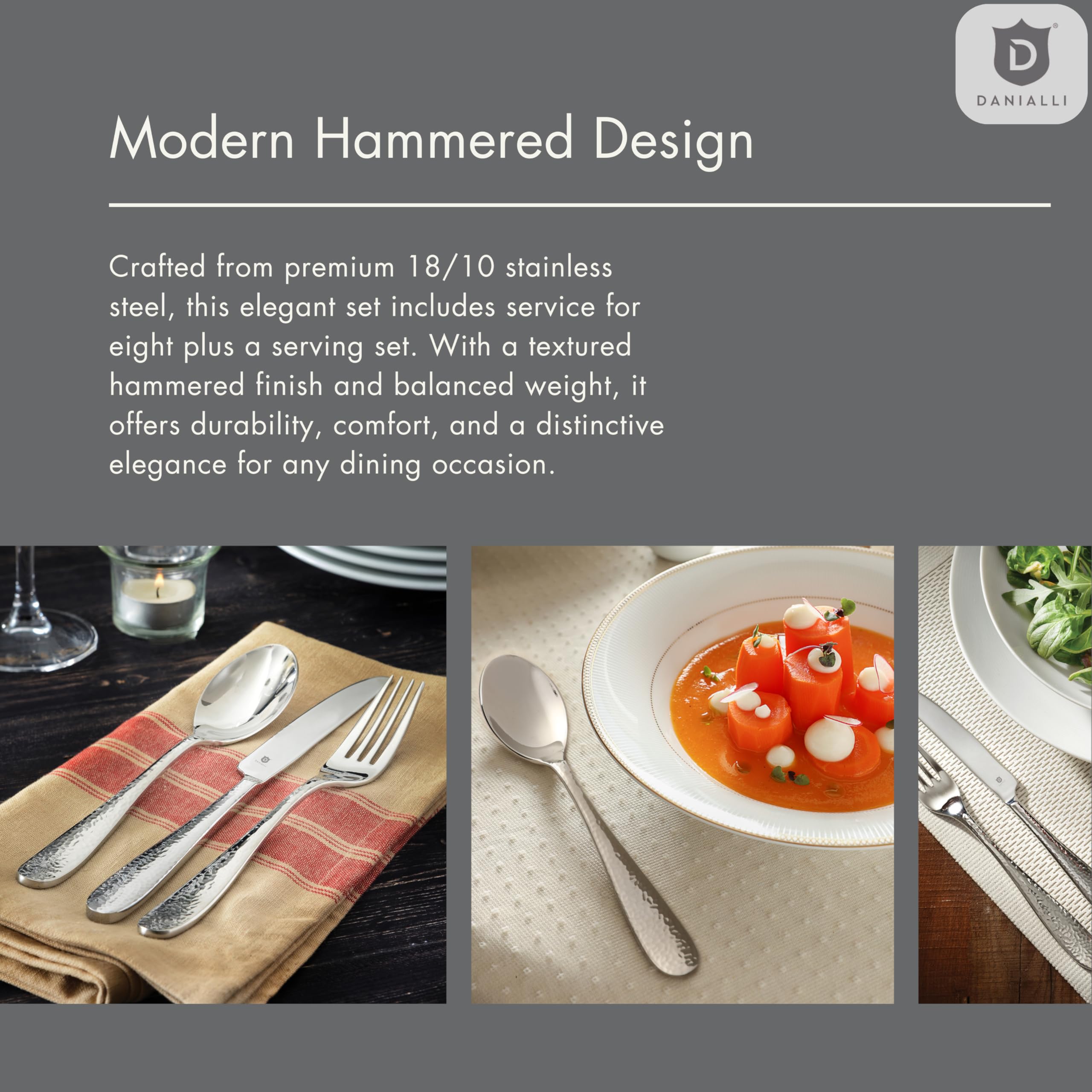 DANIALLI Hammered Silverware Set | Premium 18/10 Stainless Steel Flatware Service for 16 | Heavy-Duty & Dishwasher Safe | Built to Last (80-Piece, Fidenza Hammered)